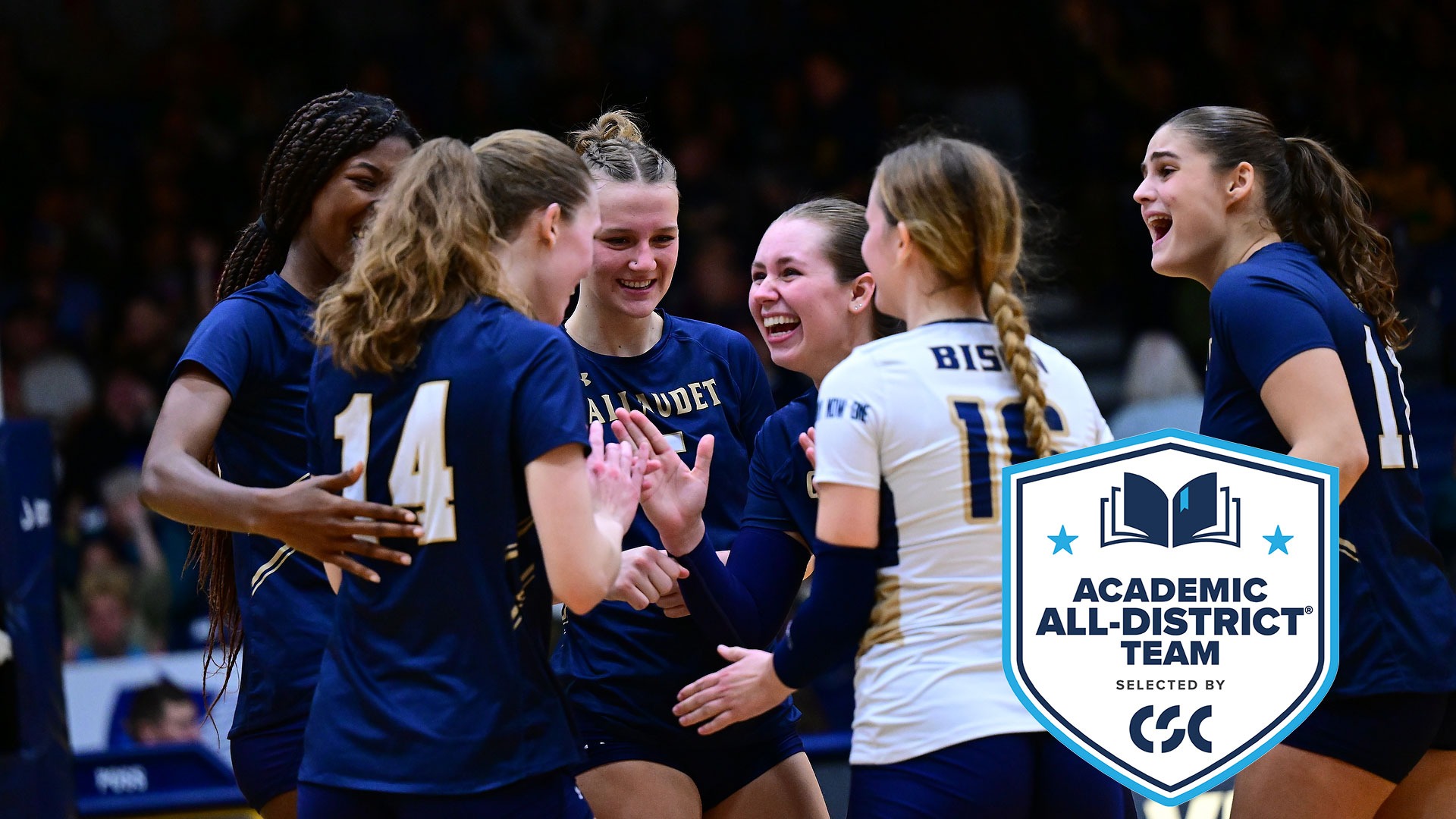 Gallaudet women's volleyball starters huddle up after they scored a point. A CSC All-District logo is in the lower righthand corner.