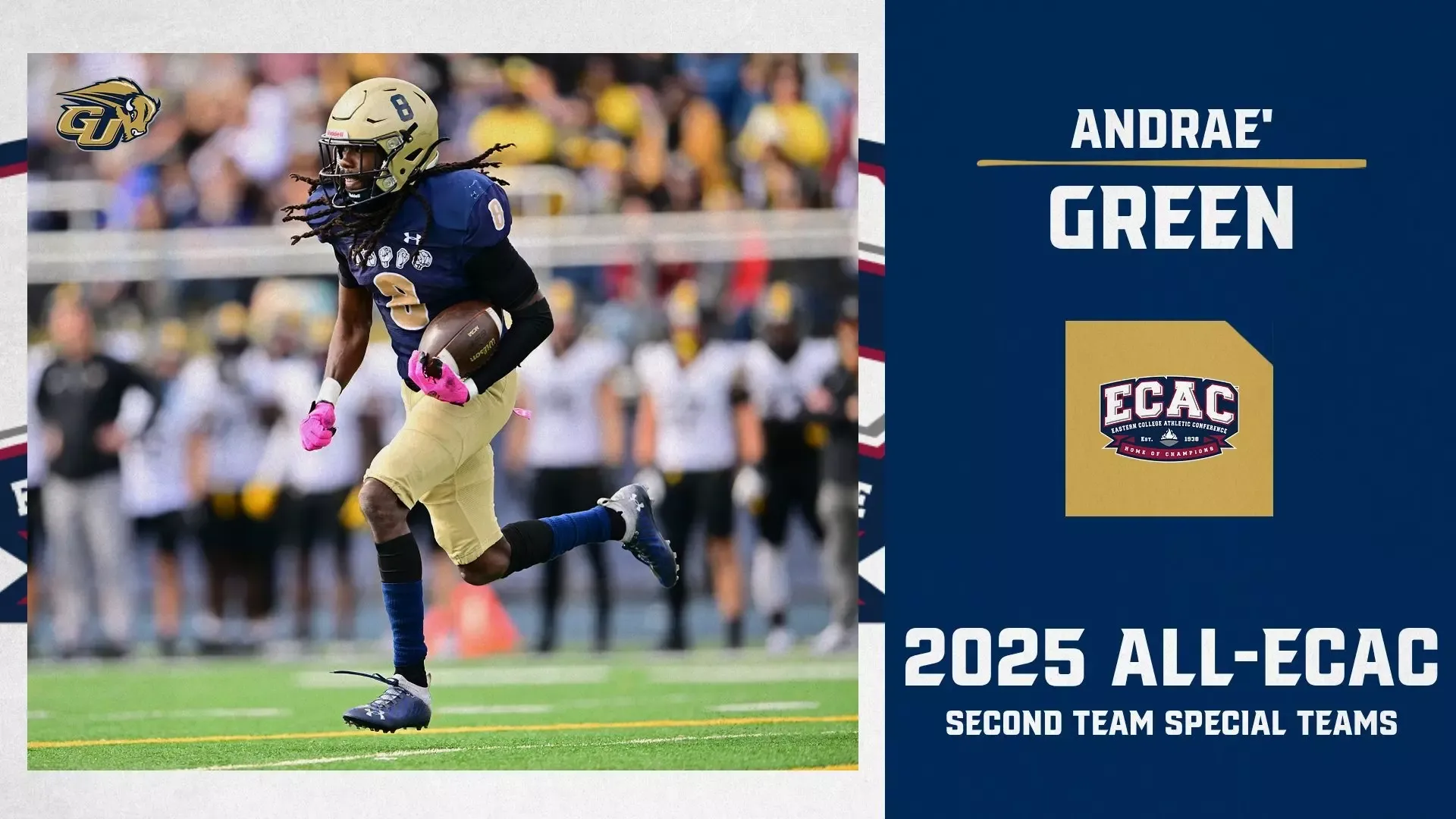 Gallaudet football player Andrae' Green graphic for being named to the 2025 All-ECAC Second Team for Special Teams.