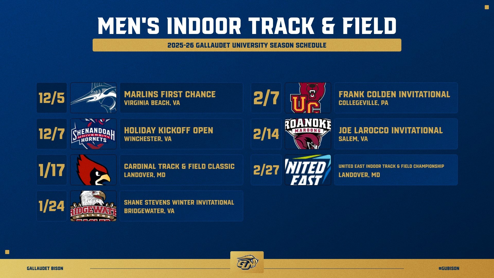 Graphic of 2025-26 Gallaudet University Men's Indoor Track & Field Schedule with the different dates and meets the Bison will participate in the 2025-26 season.