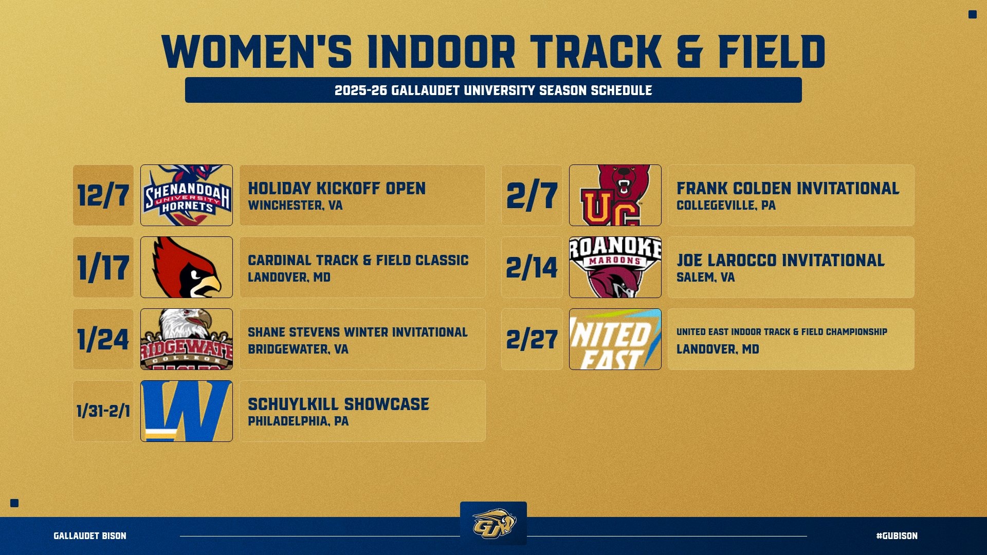 Graphic of 2025-26 Gallaudet University women's Indoor Track & Field Schedule with the different dates and meets the Bison will participate in the 2025-26 season.