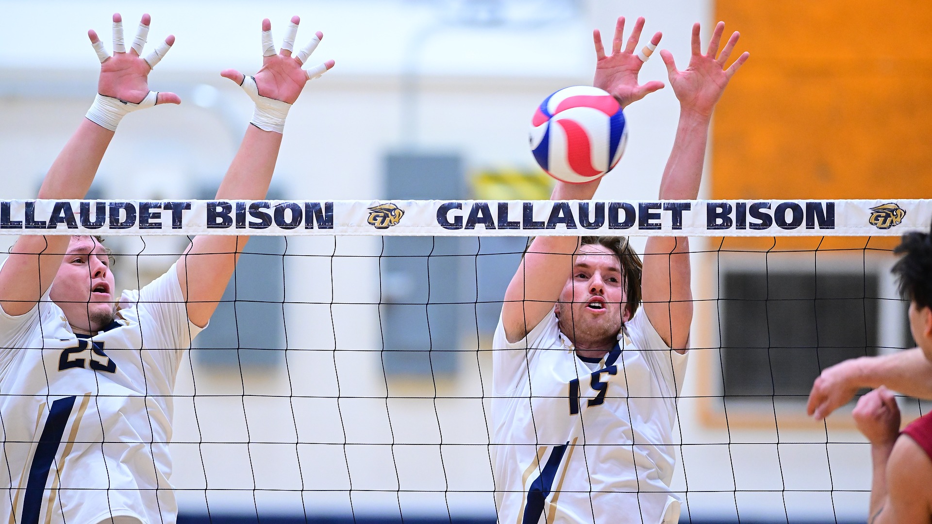 GU men's volleyball players John Scarboro and Kodi Lee jump to make a block attempt in a match at the net.