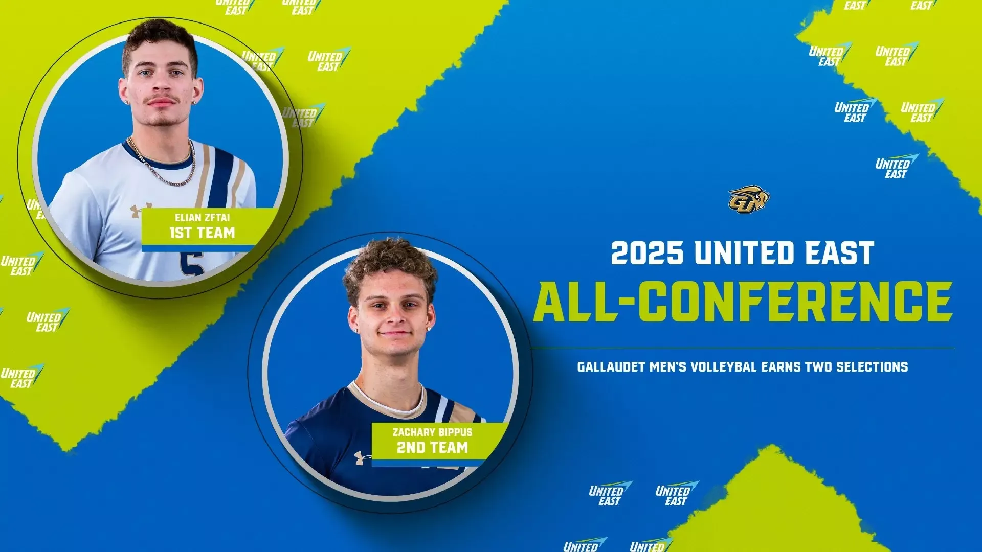 2025 United East All-Conference Men's Volleyball graphic featuring two different Bison student athletes.