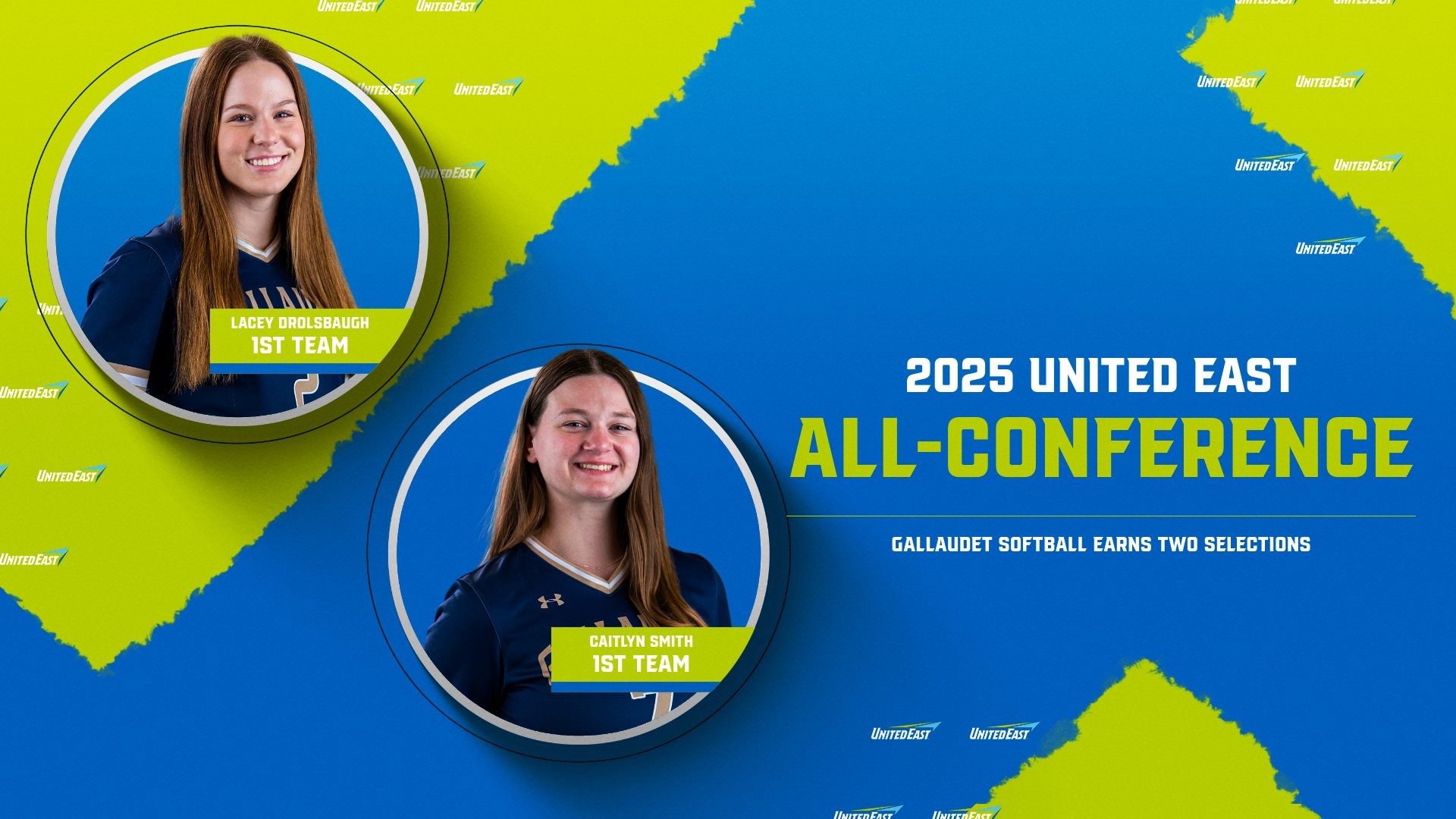 2025 United East All-Conference Softball graphic featuring two different Bison student athletes.