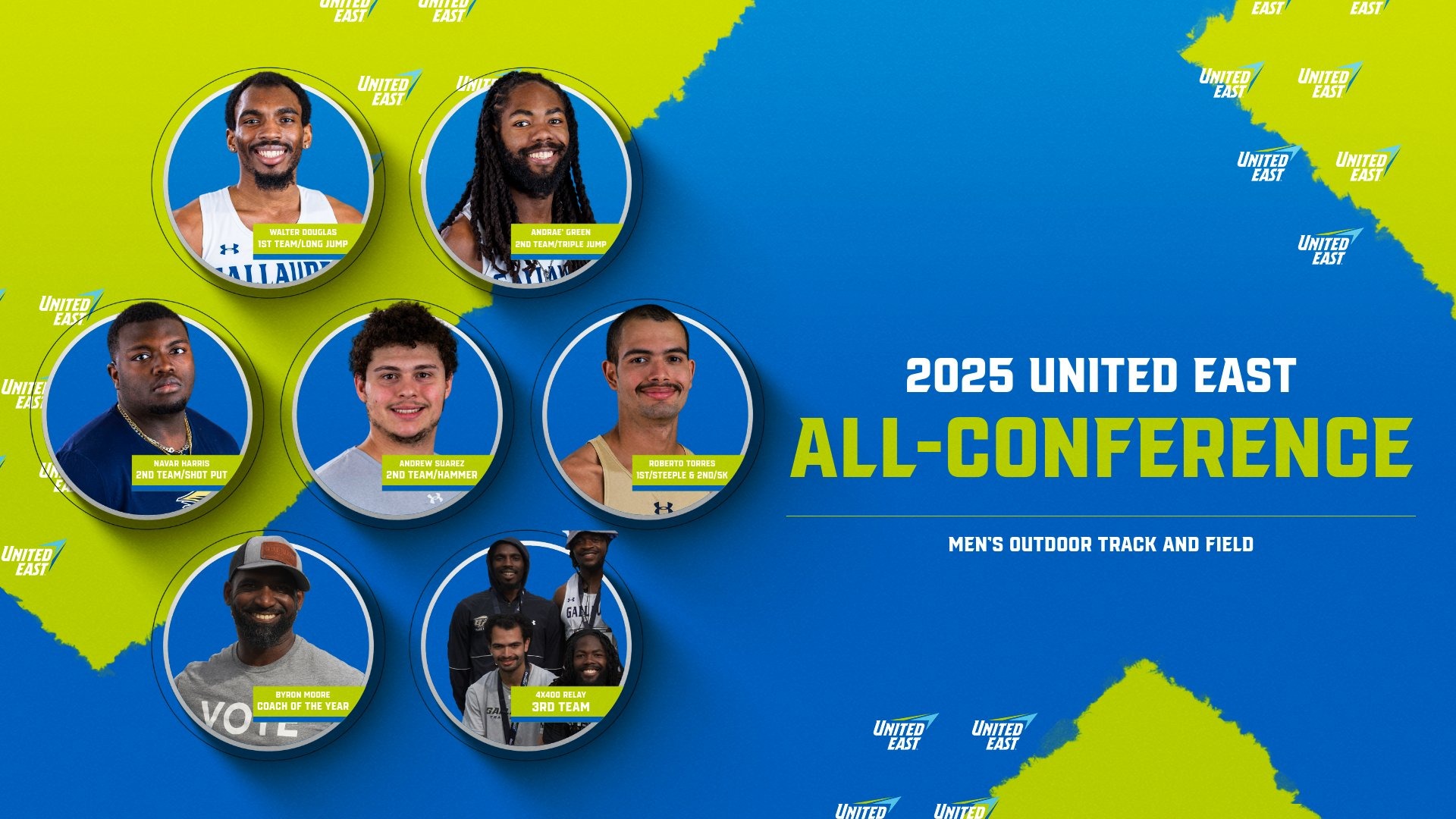 2025 United East All-Conference Men's Indoor Track and Field graphic featuring seven different Bison student athletes and Coach Moore.