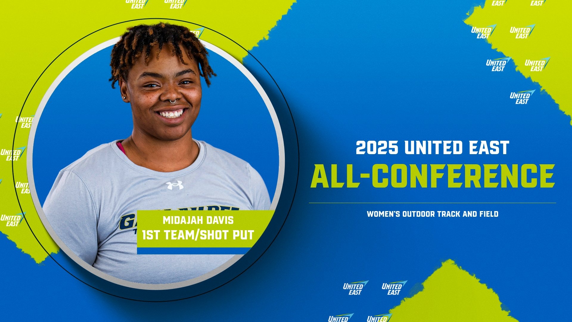 2025 United East All-Conference Women's Outdoor Track and Field graphic featuring Midajah Davis - 1st Team - Shot Put.