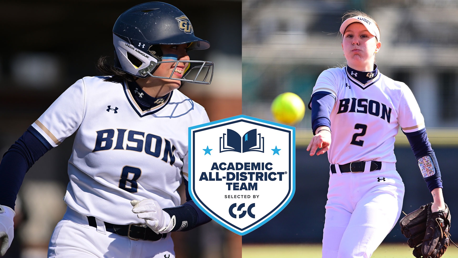 Gallaudet softball players Olivia Taufu'i (left) and Lacey Drolsbaugh (right) with a CSC Academic All-District logo in the middle. Taufu'i is running down the firstbase line on a sunny afternoon. Drolsbaugh delivers a pitch during a day game.