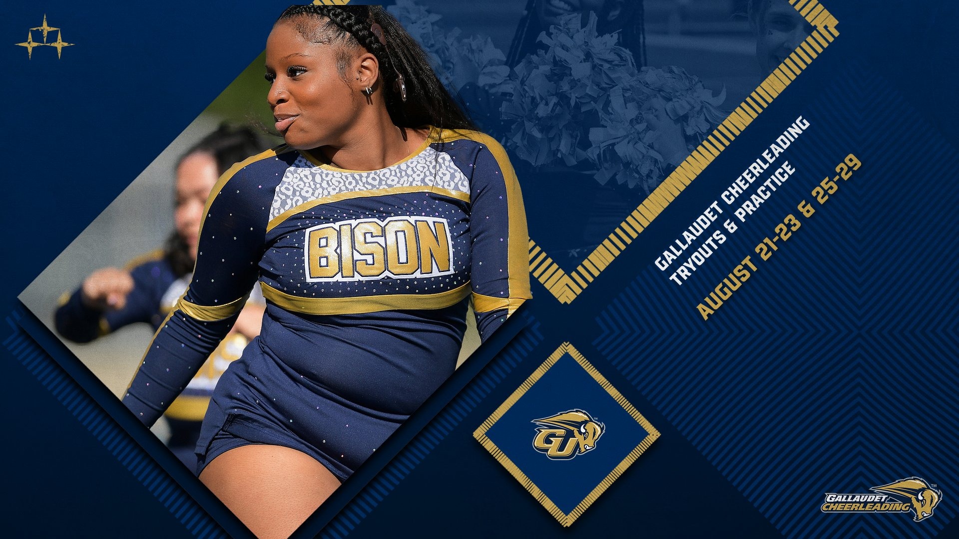  A graphic of 2025 Gallaudet Cheerleading tryouts & practice information 