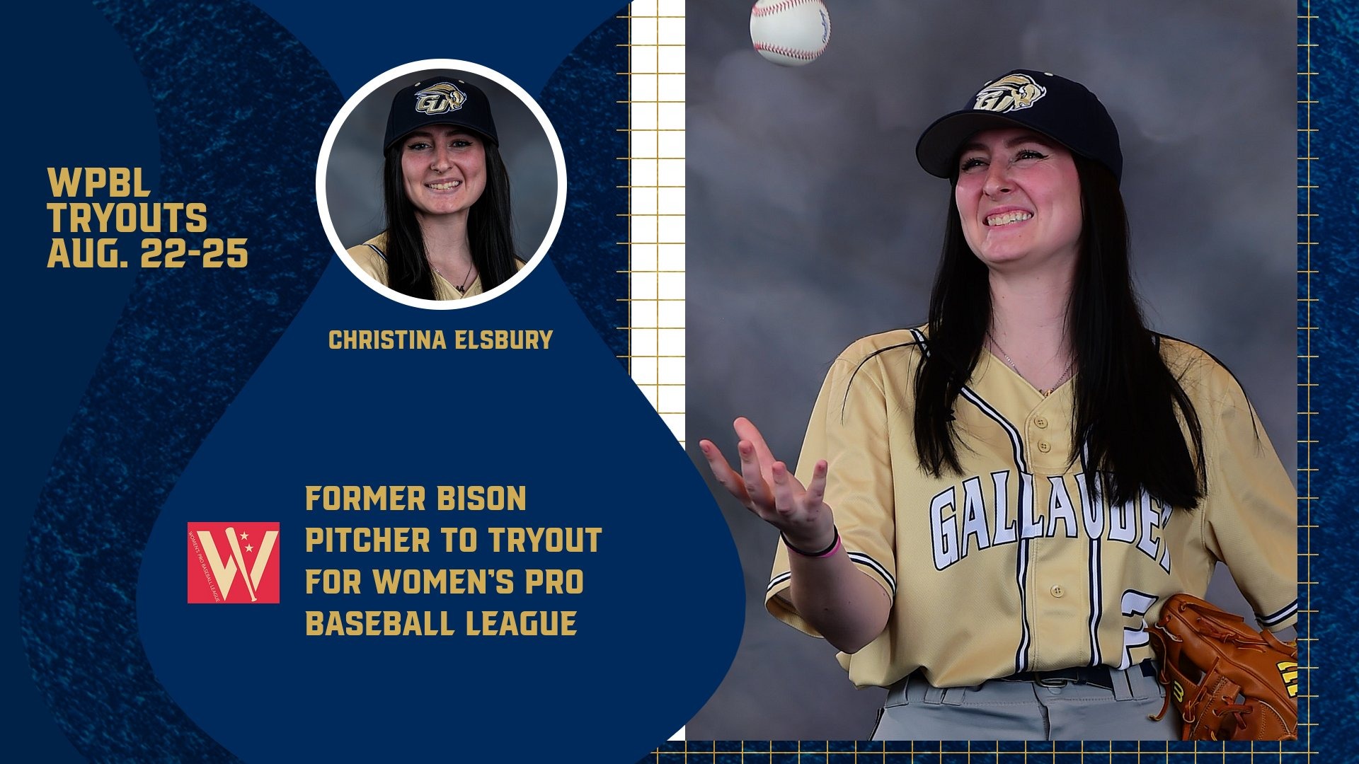 Former Gallaudet baseball and softball pitcher Christina Elsbury graphic for trying out for the Women's Pro Baseball League.