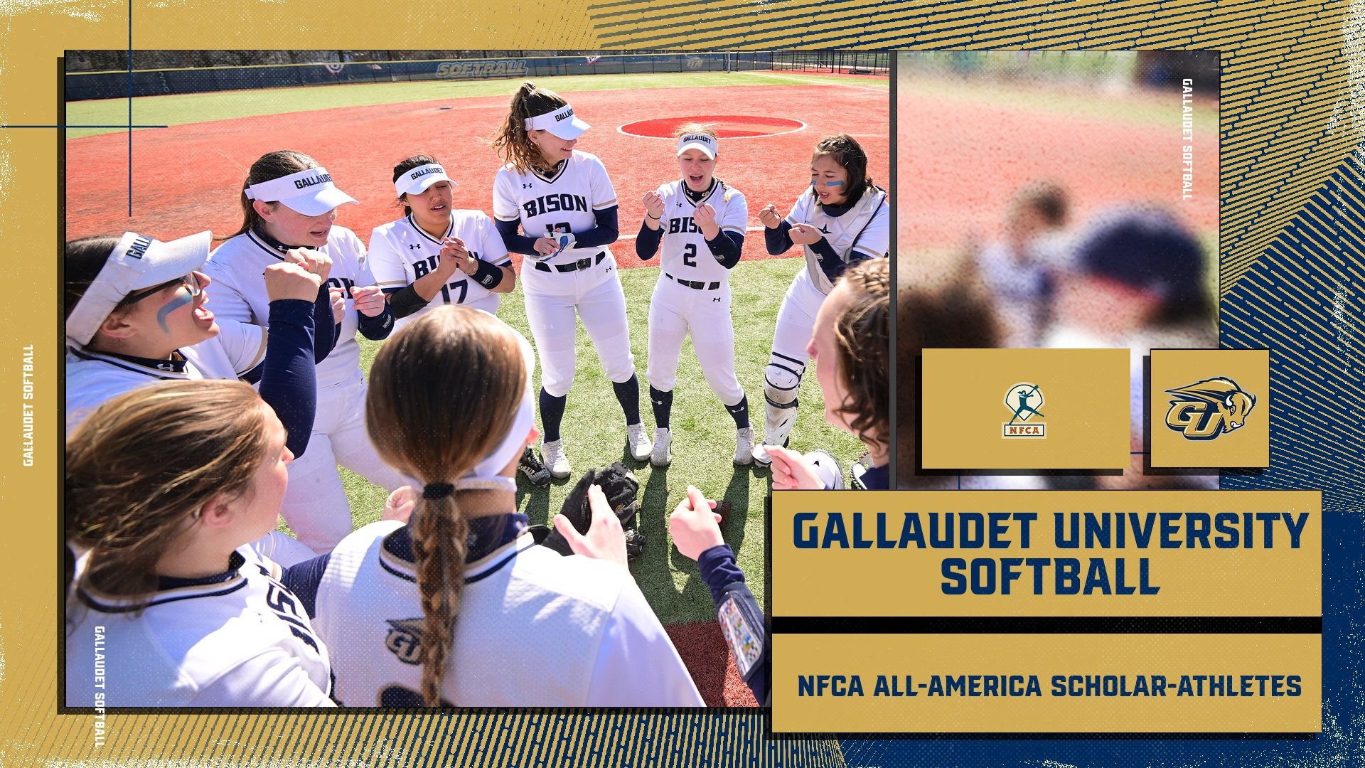 2025 NFCA Academic Scholar-Athletes graphic showing a team huddle of the Gallaudet softball team.