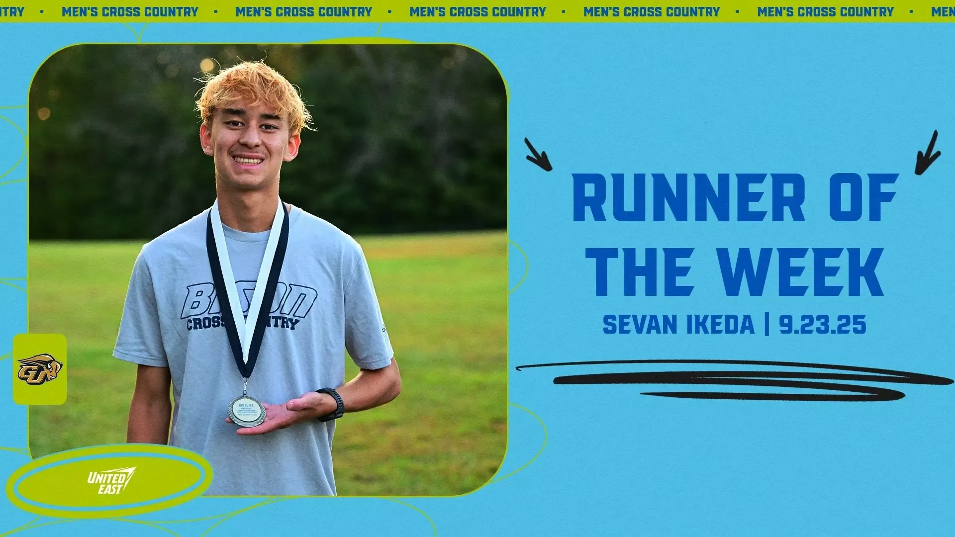2025 United East Men's Cross Country Runner of the Week graphic for Sept. 23, 2025 and shows Gallaudet men's runner Sevan Ikeda. A photo of Sevan with a race medal is on the lefthand side with the GU Bison and United East logos.