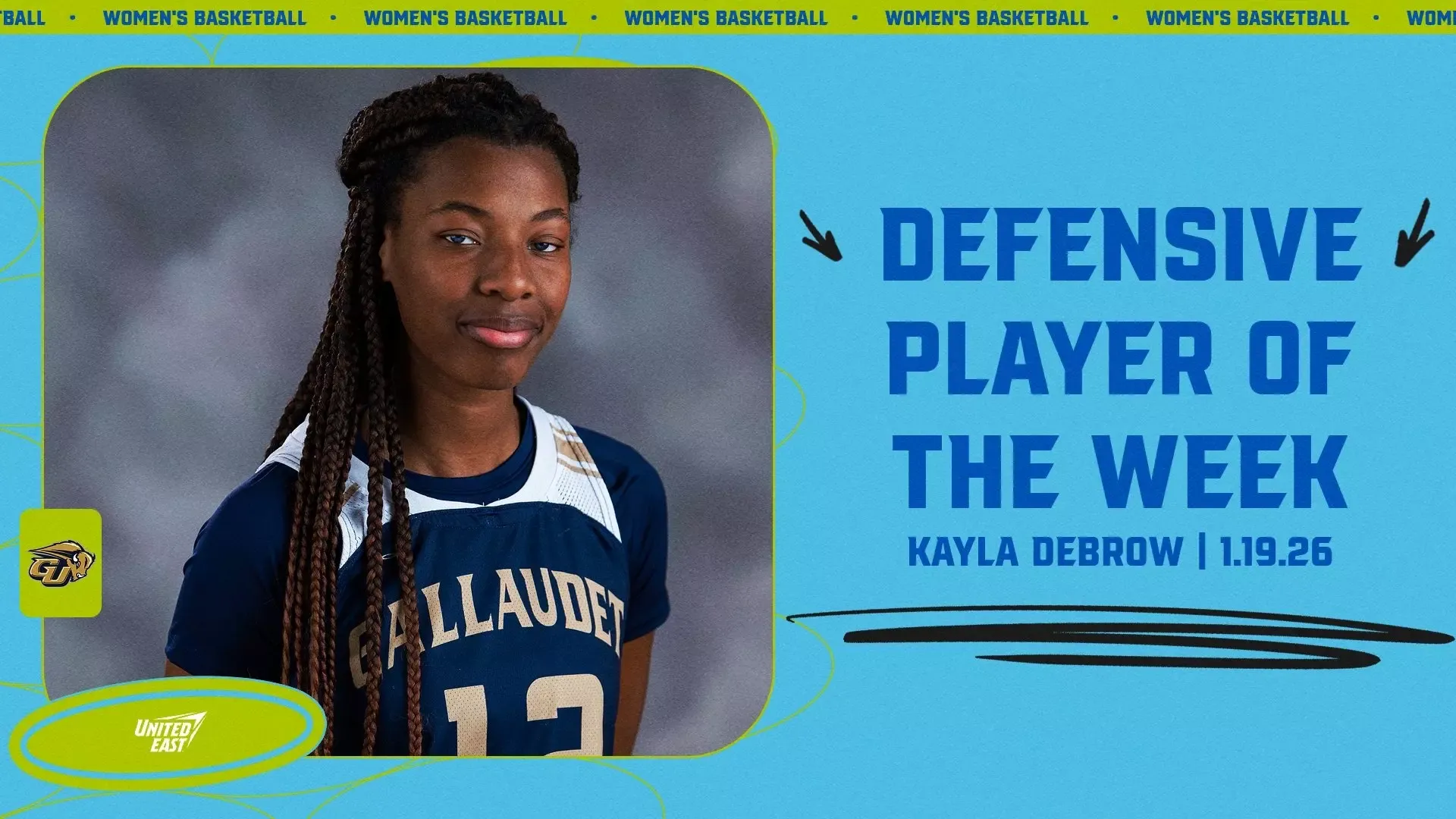 United East Women's Basketball Defensive Player of the Week graphic of Kayla Debrow- January 19, 2026