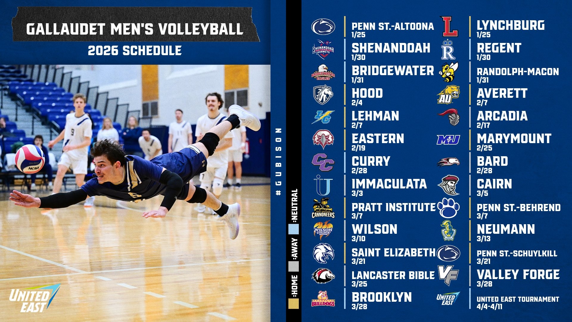 A graphic of 2026 Gallaudet University Men's Volleyball Schedule with the different dates and opponents the Bison will face in the spring.