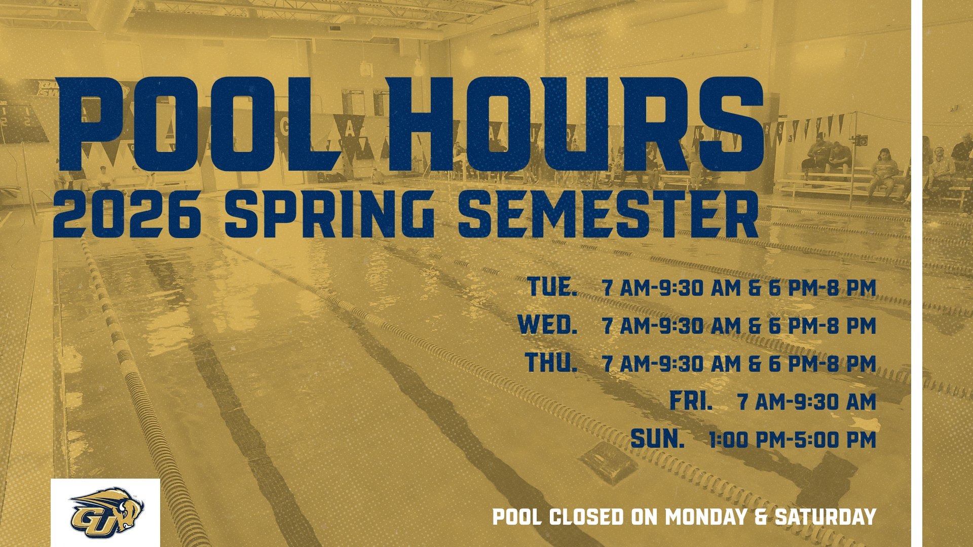 Pool Hours graphic for 2026 Spring Schedule. A list of hours is listed on the graphic for when the pool is open during the 2026 Spring Schedule. A photo of the Gallaudet pool is in the background.