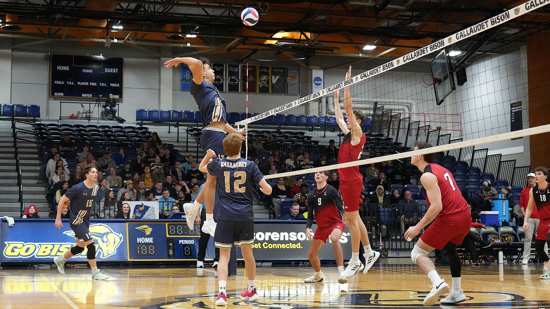 Gallaudet men's volleyball Luke McBrine jumps up to make an attack against the University of Lynchburg.