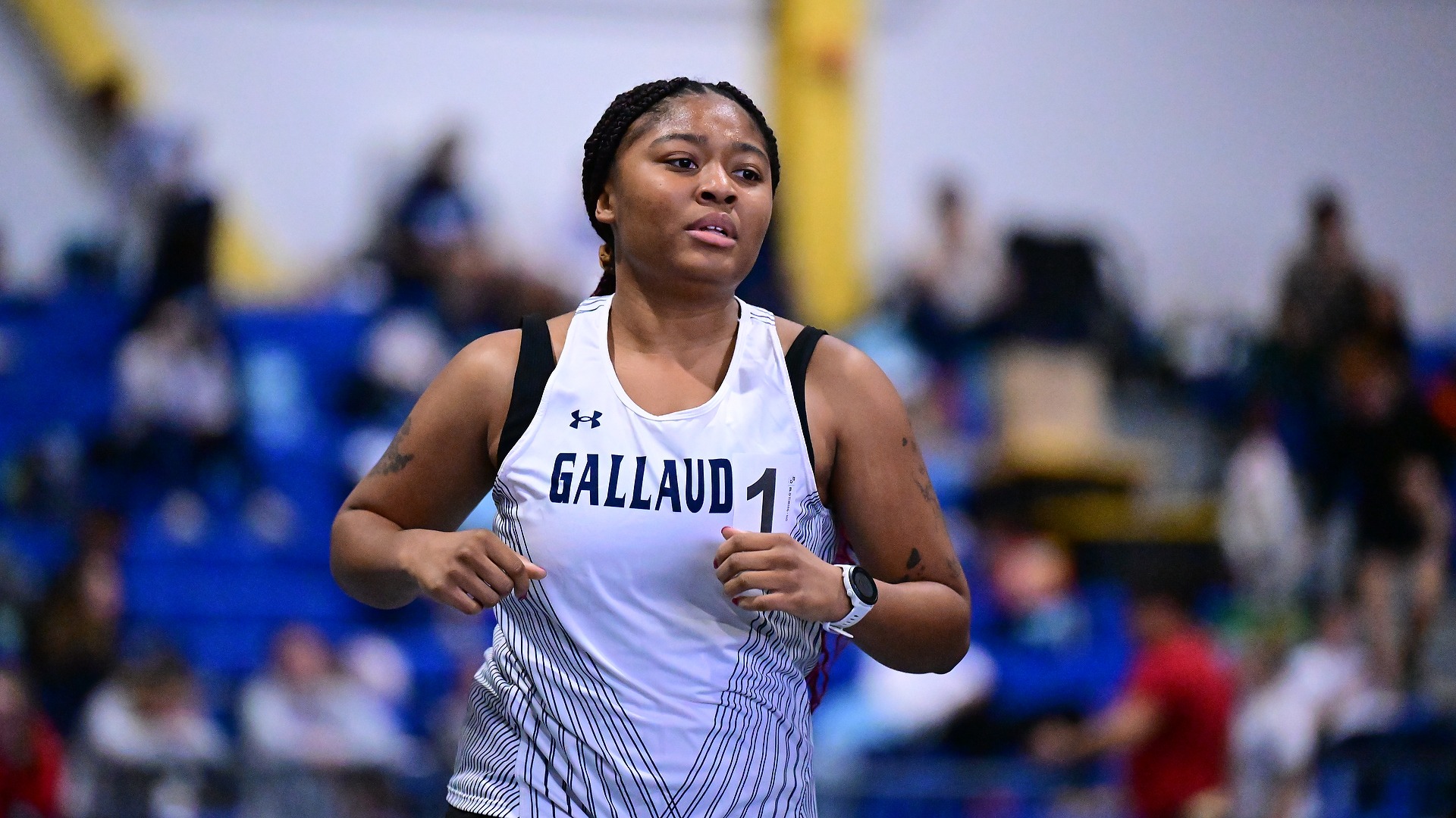 Gallaudet women's indoor track and field runner Jala Furdge runs in a meet during the 2026 season. 