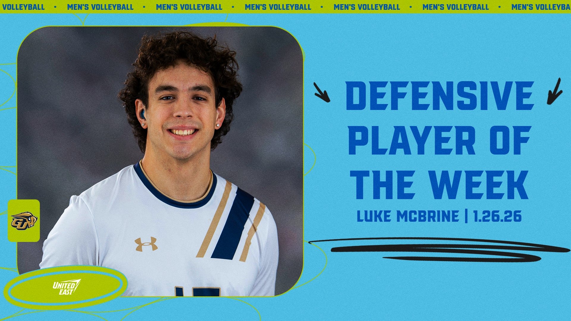 United East Men's Volleyball Defensive Player of the Week graphic of Luke McBrine- January 26, 2026