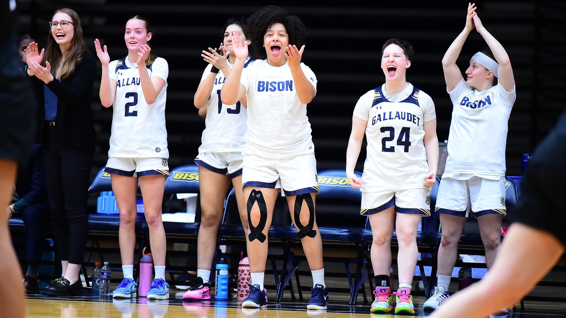 GU's women's basketball team bench celebrated the win against Lancaster Bible College
