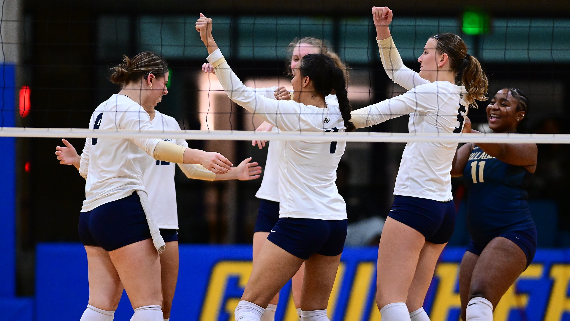 Gallaudet women's volleyball starting six celebrate a point during a road match, with several Bison players in white-and-navy uniforms raising their fists and smiling near the net, while libero Tori Harris (#11) cheers in her navy jersey.
