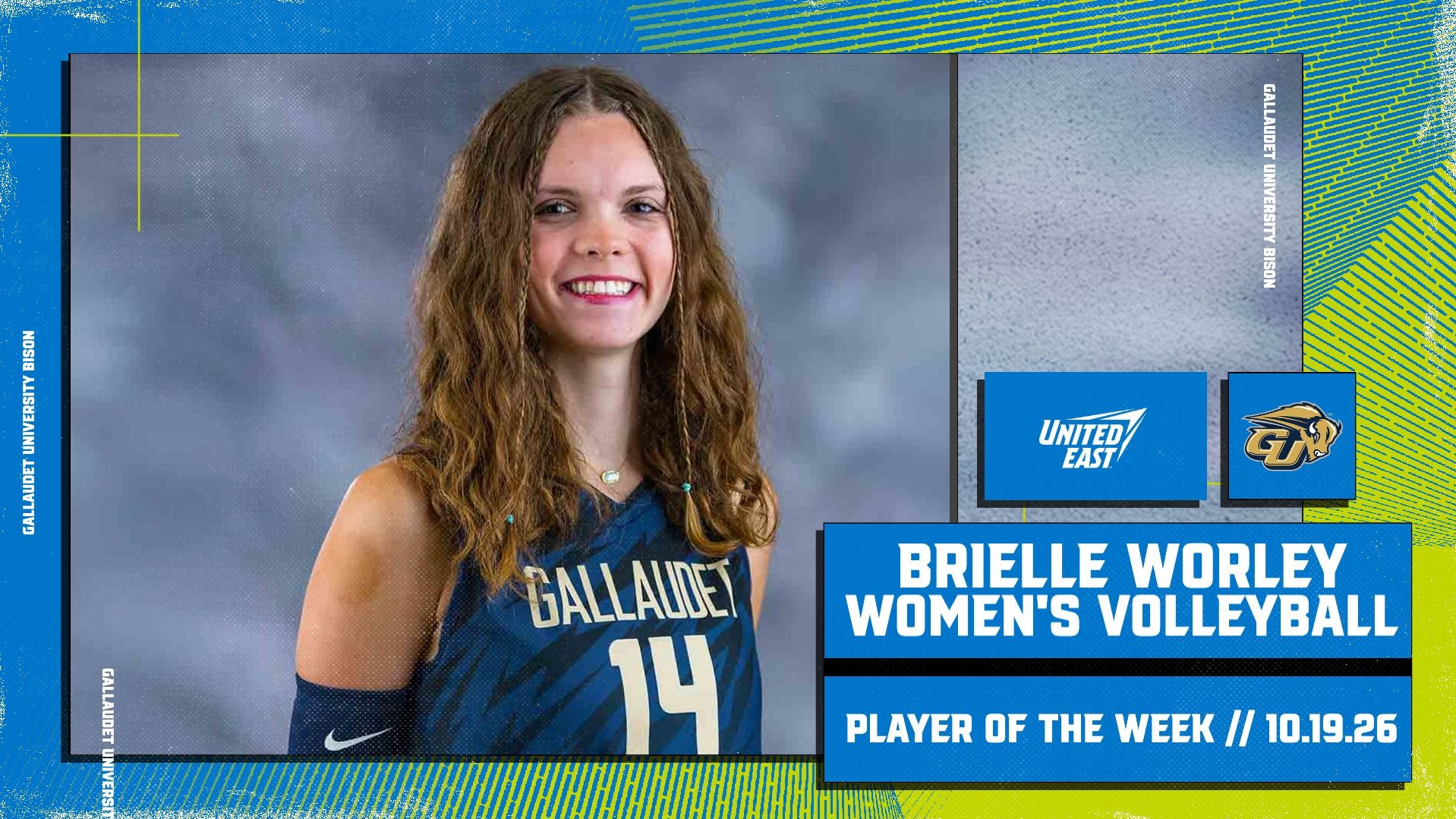 Gallaudet women’s volleyball outside hitter Brielle Worley (#14) is featured in a United East graphic recognizing her as the conference’s Women’s Volleyball Defensive Player of the Week for the week ending Oct. 19, 2026.