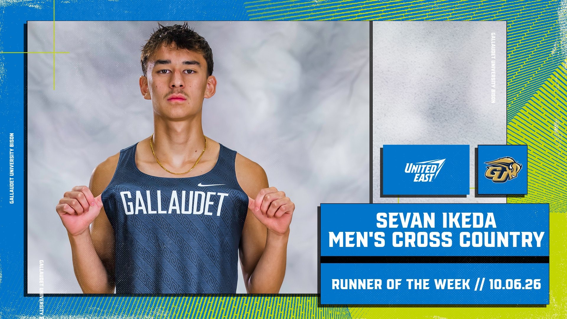 Gallaudet men’s cross country runner Sevan Ikeda poses in his navy Bison uniform in a graphic recognizing him as the United East Runner of the Week for Oct. 6, 2026.