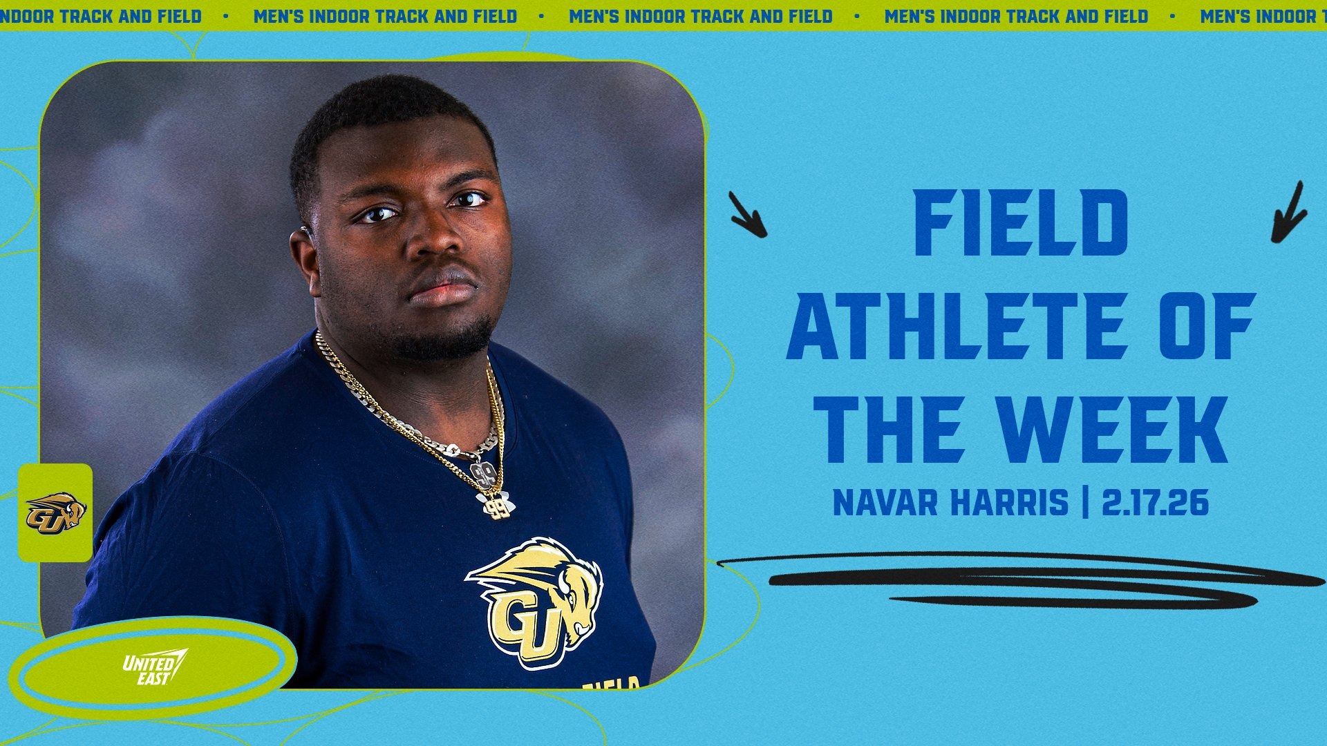 United East Men's Indoor Field Athlete of the Week graphic of Navar Harris- February 17, 2026