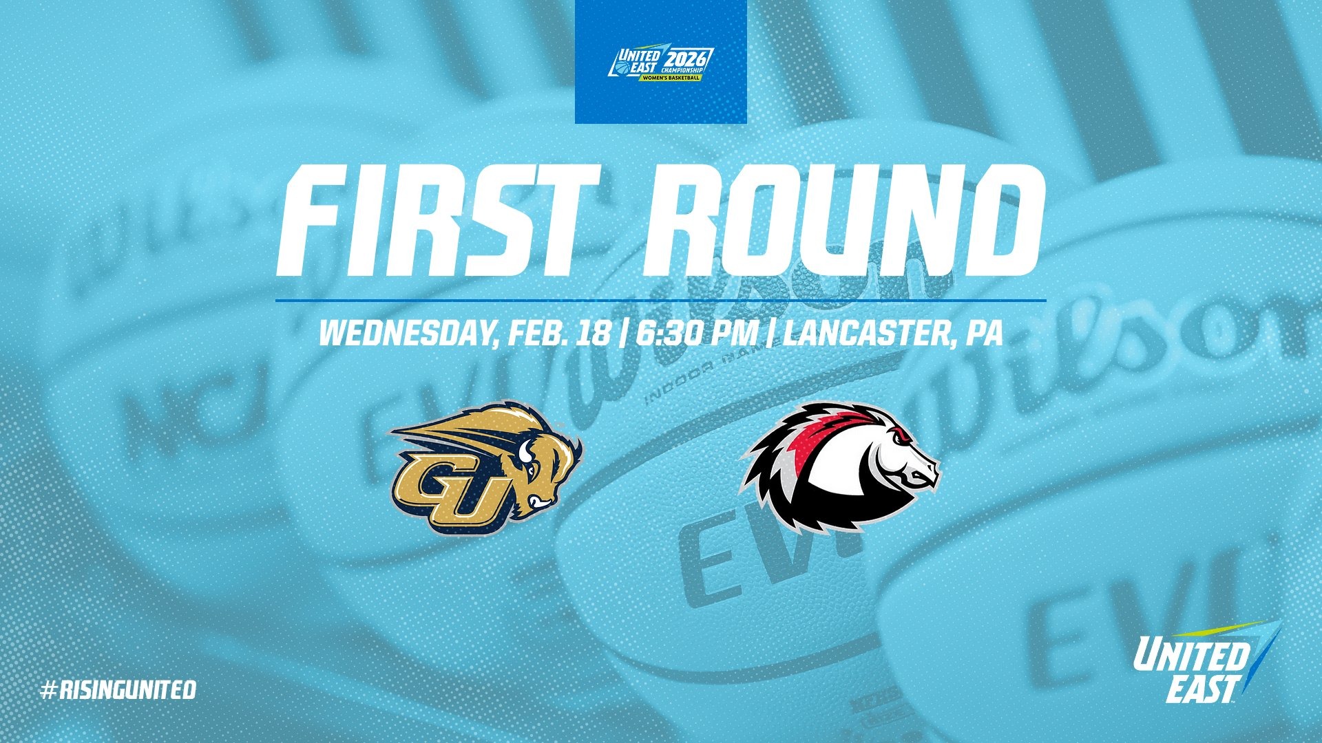 2026 United East Women's Basketball Preview graphic for the First Round between Gallaudet at Lancaster Bible on Feb. 18 at 6:30 PM in Lancaster, Pa. A photo of basketballs are in the background with text over top of the photo.