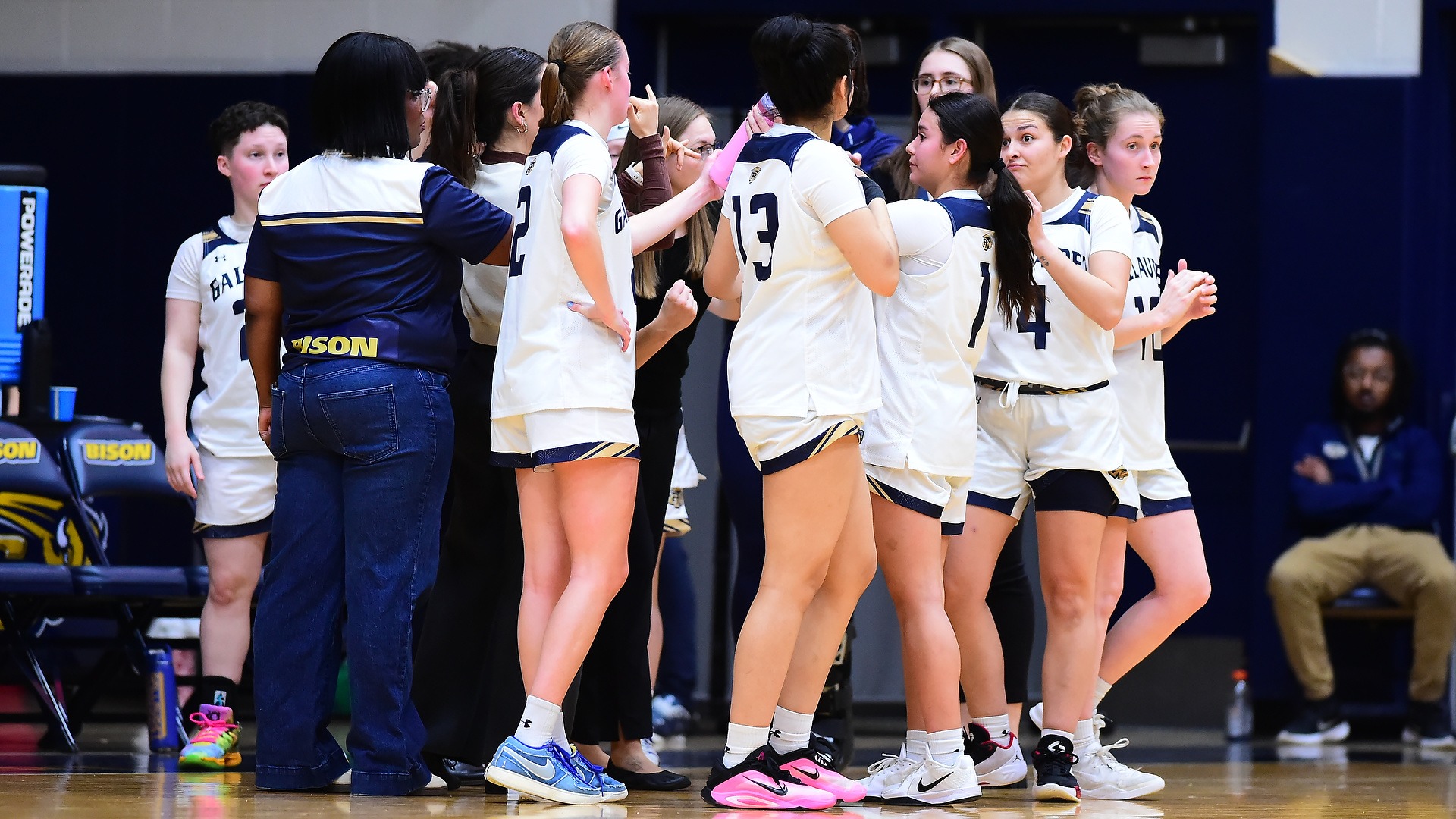 GU Women's basketball team huddled up during timeout at the Field House 