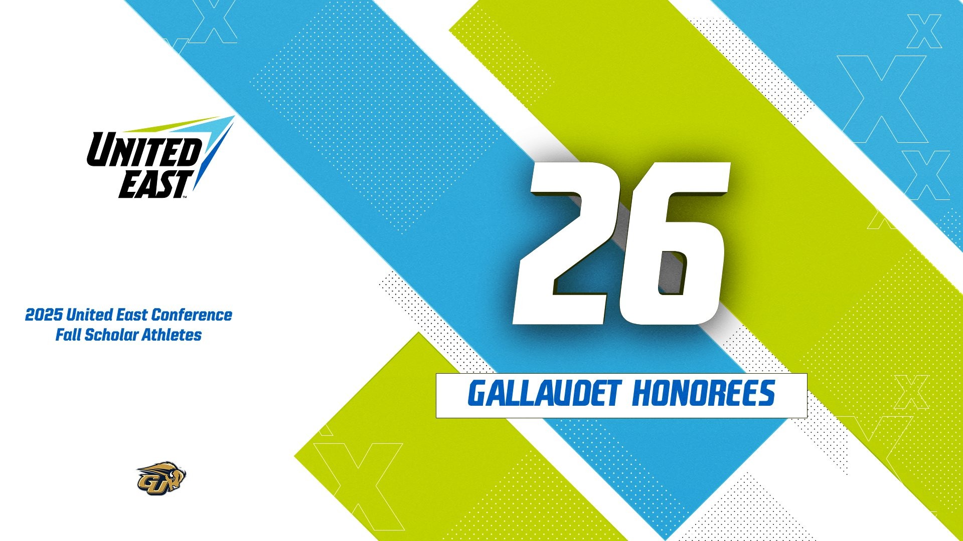 2025 United East Fall All-Academic Team graphic for Gallaudet. In white font is the number 26 which is the number of GU honorees for the 2025 Fall Semester. 