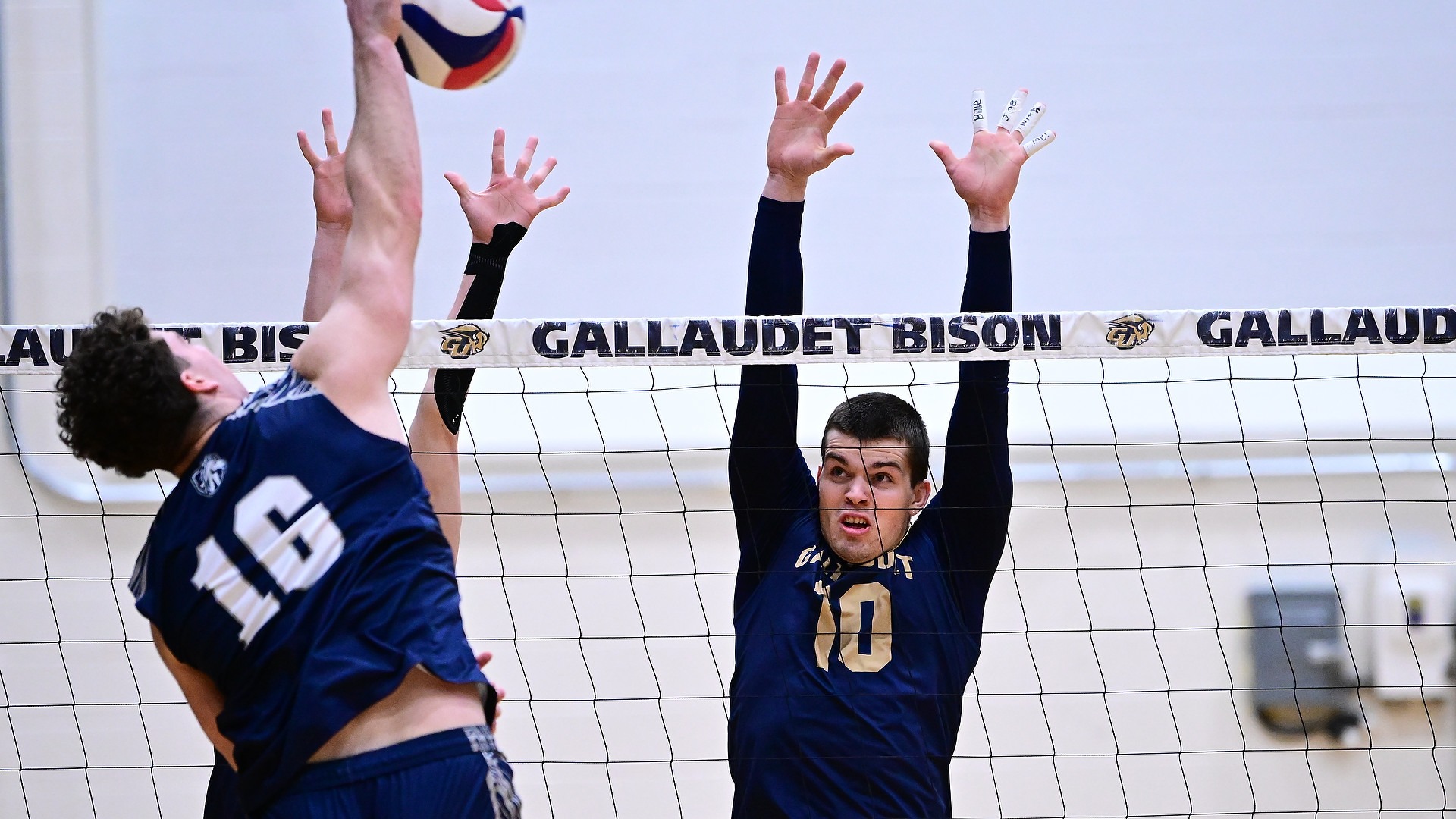Gallaudet men's volleyball player Tyler Wascher jumps up to make a block attempt at the net in a home match in the Field House.