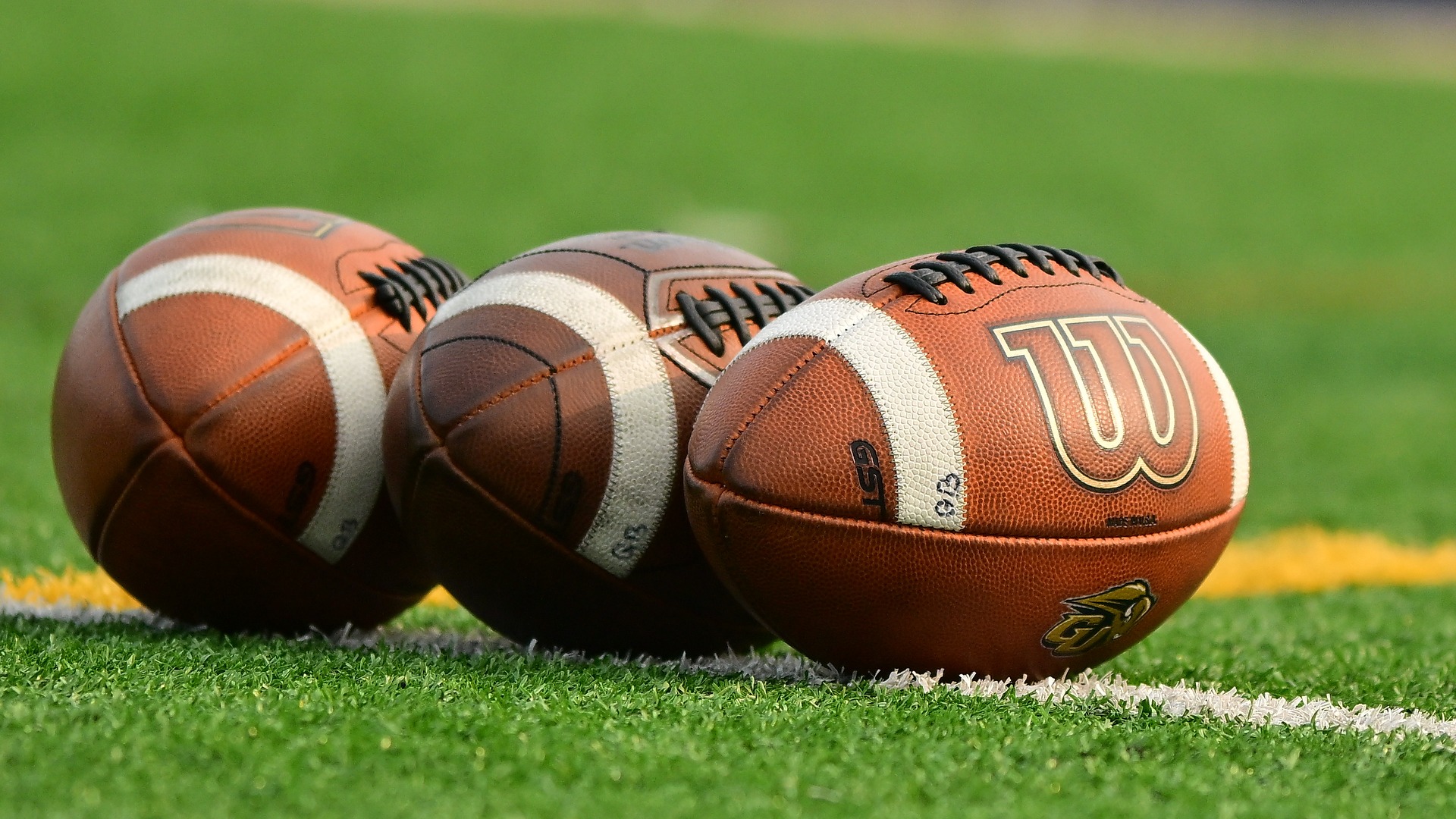 Gallaudet three balls on the green turf field on a sunny day.