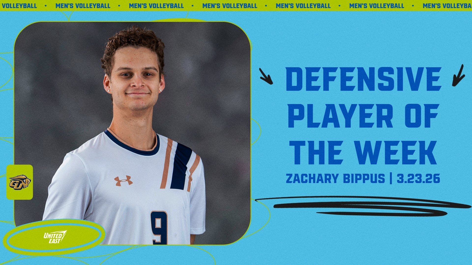 United East Men's Volleyball Defensive Player of the Week graphic for Mar. 23, 2026 featuring Gallaudet's Zachary Bippus. A headshot of Bippus is on the lefthand side of the graphic, which is themed in United East colors of neon green, light blue and royal blue.