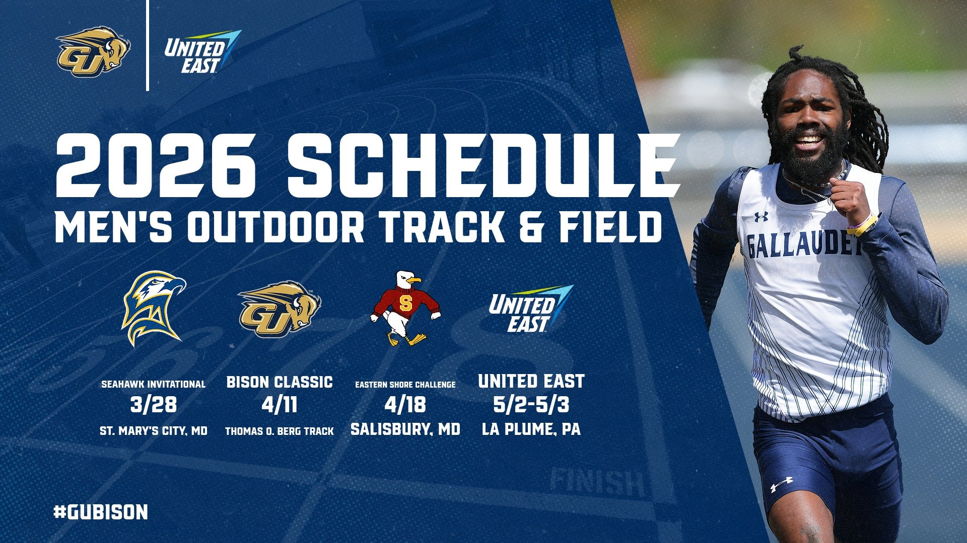 2026 Gallaudet University Men's Outdoor Track & Field Schedule with the different dates and opponents the Bison will participate in the 2026 season.
