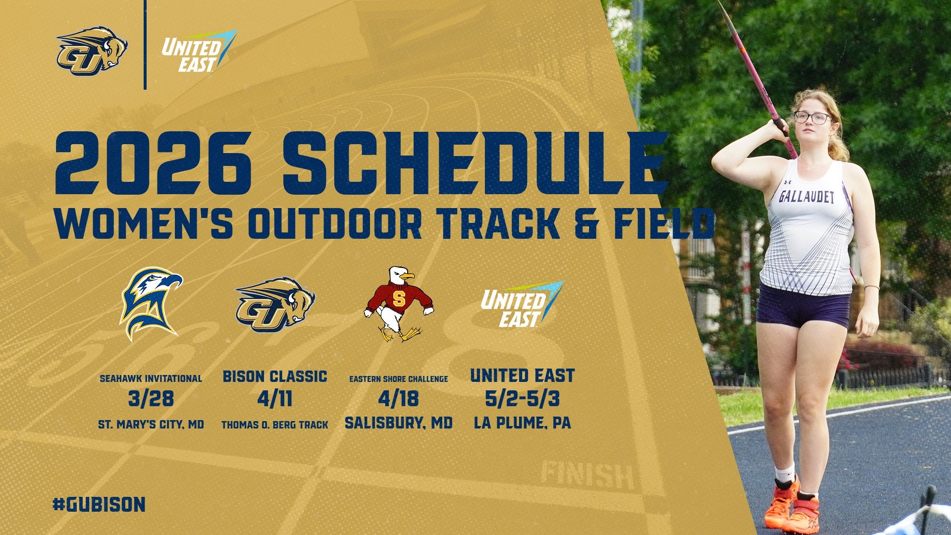 2026 Gallaudet University Women's Outdoor Track & Field Schedule with the different dates and opponents the Bison will participate in the 2026 season.