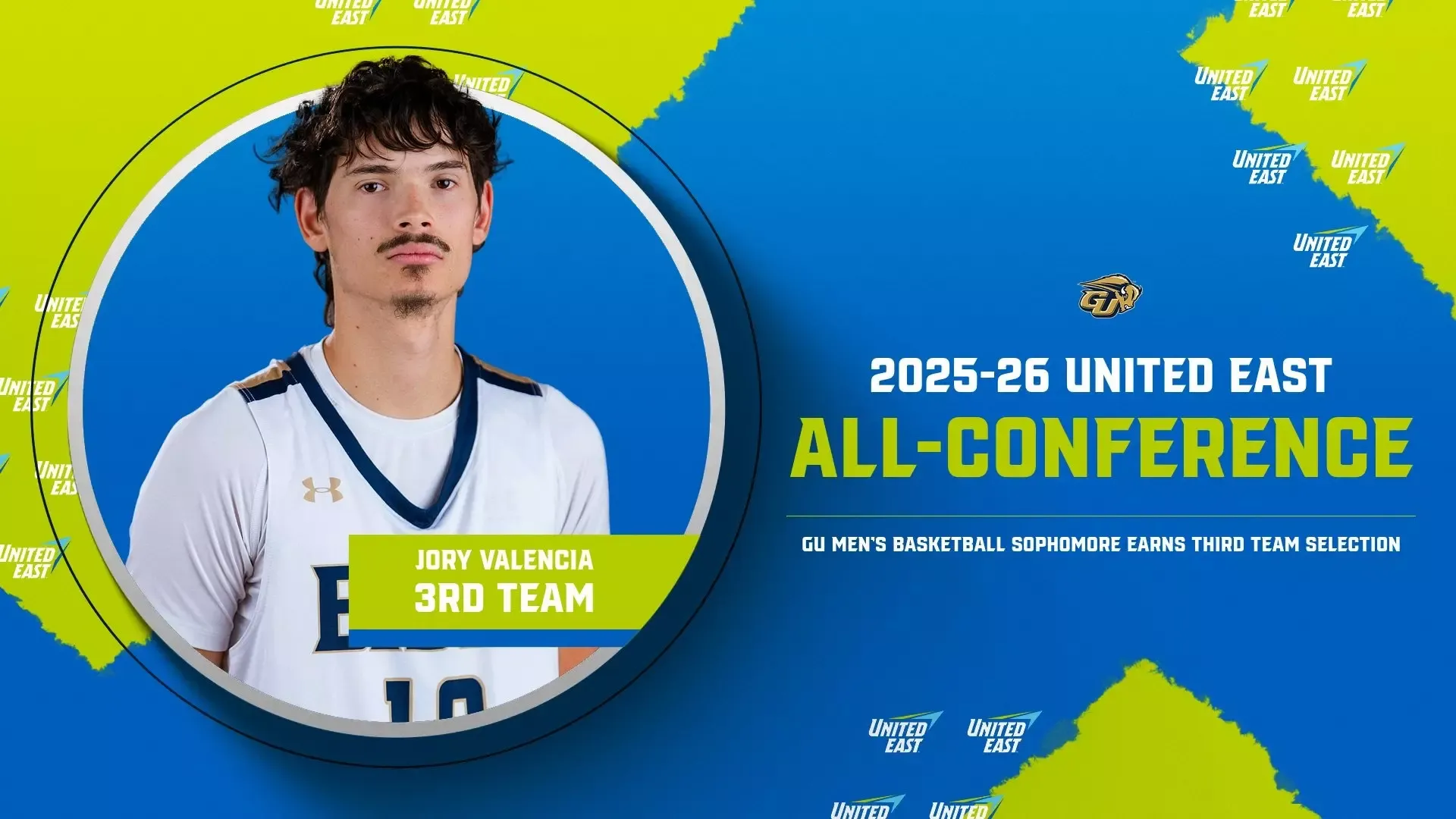 2026 United East Men's Basketball All-Conference graphic featuring Gallaudet's Jory Valencia who made the 3rd team. The graphic is branded in the United East neon green and light blue colors. A headshot of Jory Valencia is inside a big circle in the middle of the graphic. 