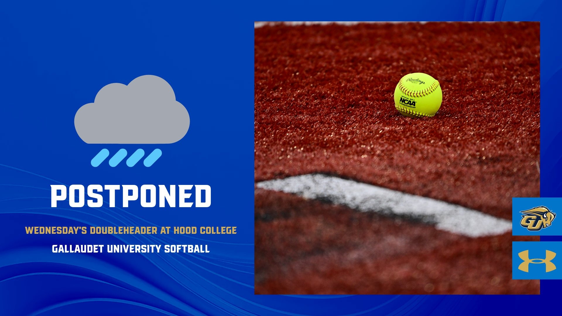 Gallaudet University Softball Postponed Graphic - in gold text it reads Wednesday's Doubleheader at Hood College - in white font it reads POSTPONED. Underneath in white font it reads Gallaudet University Softball. An official NCAA softball is pictured on the turf infield at the GU Softball Complex on the righthand side along with a GU Bison logo and Under Armour logo. A royal blue background is behind everything.