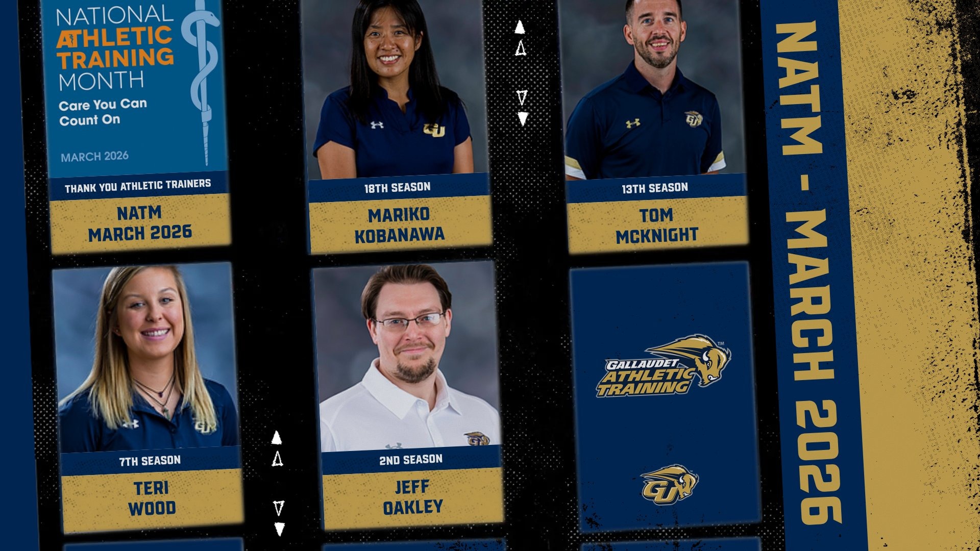 National Athletic Training Month graphic for 2026. The graphic has the headshots of the four Gallaudet athletic trainers; on the top row is Mariko Kobanawa (18th season), Tom McKnight (13th season), the bottom row features Teri Wood (7th season) and Jeff Oakley (2nd season). 