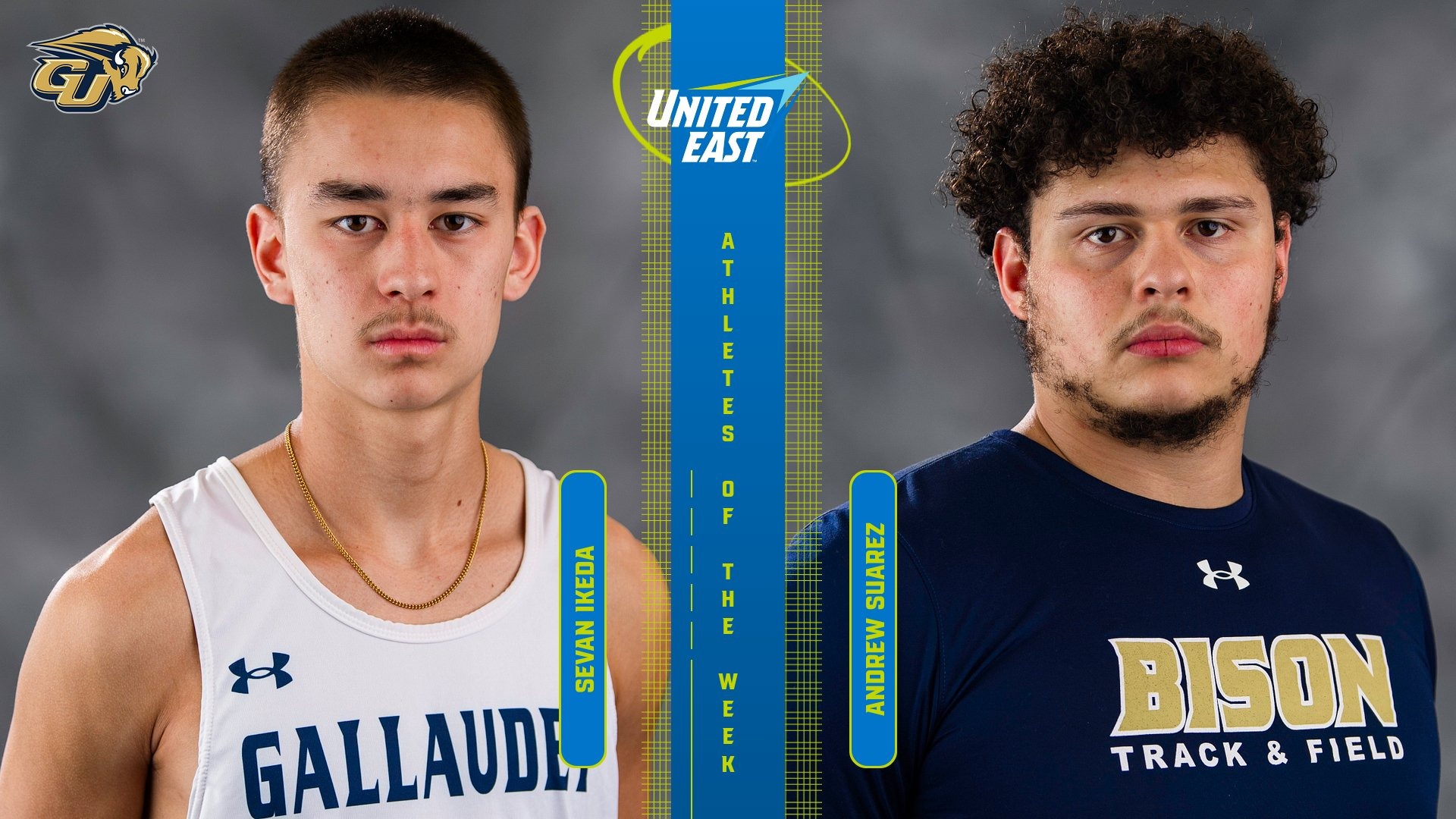 United East Men's Track and Field Athletes of the Week graphic of Sevan Ikeda & Andrew Suarez - March 31