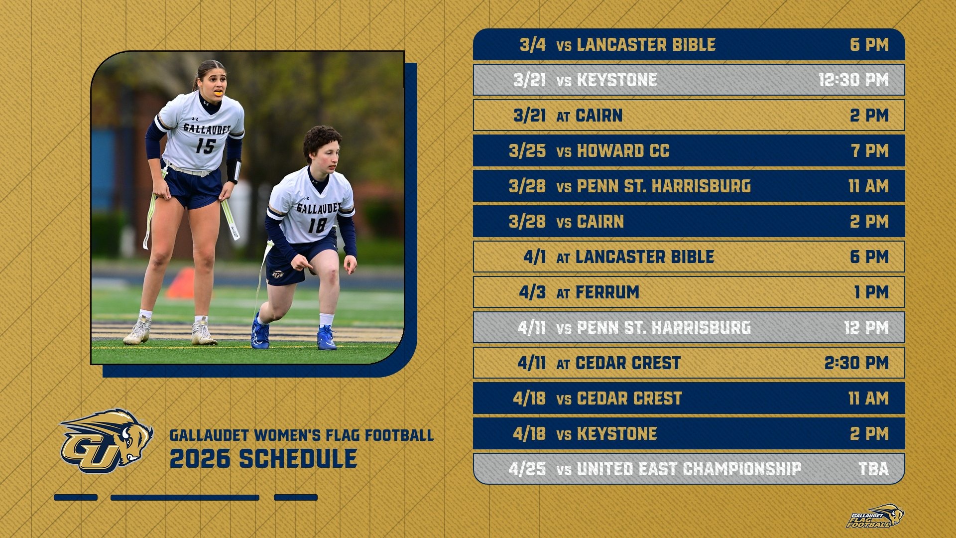  A graphic of 2026 Gallaudet University Women's Flag Football Schedule with the different dates and opponents the Bison will face in the spring.