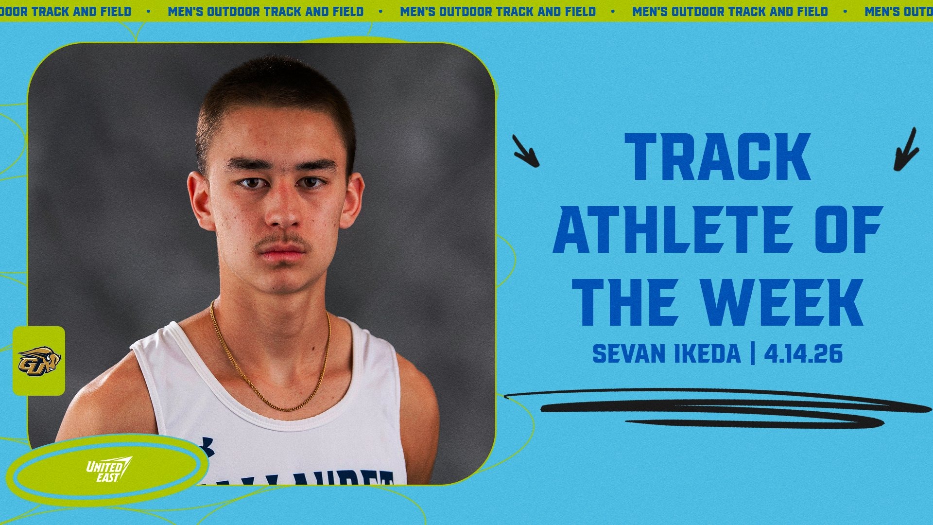 United East Men's Track Athlete of the Week graphic for Apr. 14, 2026 featuring Gallaudet's Sevan Ikeda. A headshot of Ikeda is on the lefthand side of the graphic, which is themed in United East colors of neon green, light blue and royal blue.