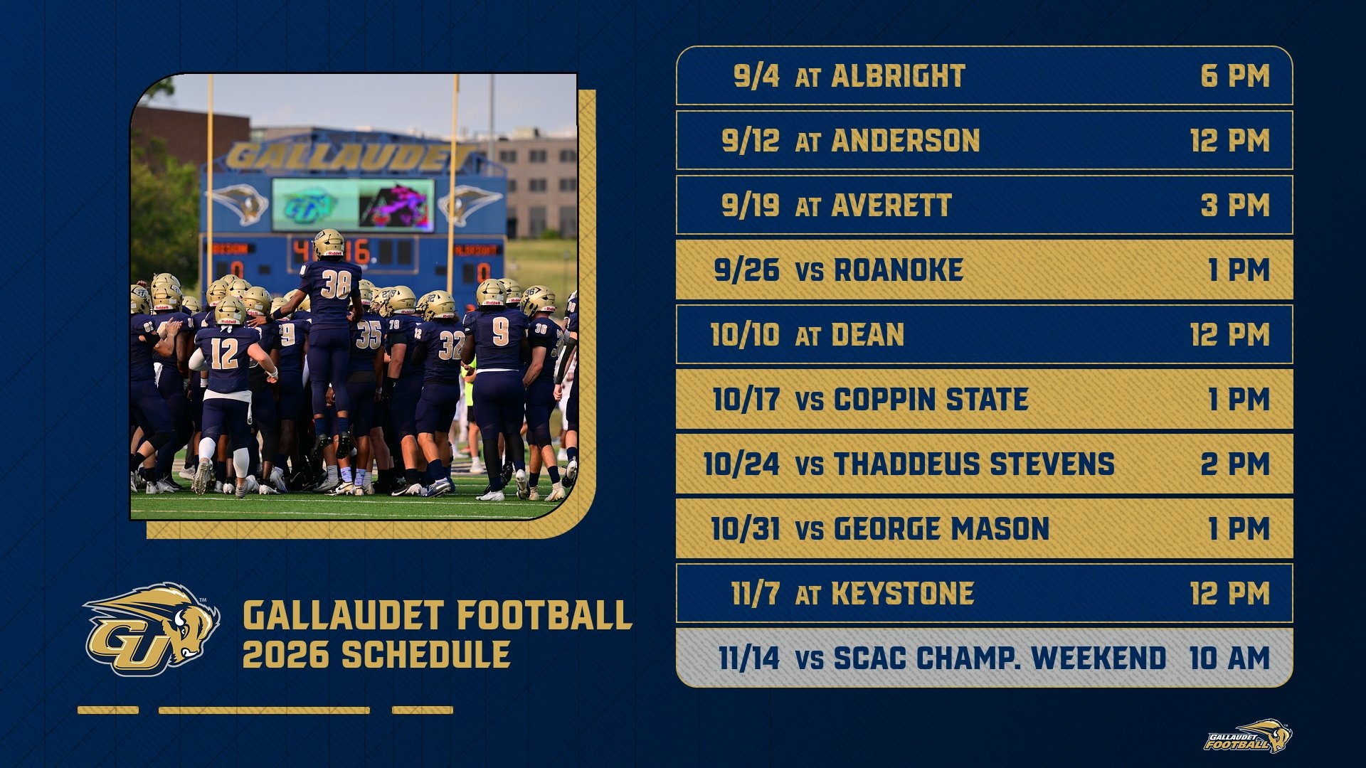 2026 Gallaudet University Football Schedule graphic showing the 10 games the Bison will play this fall.