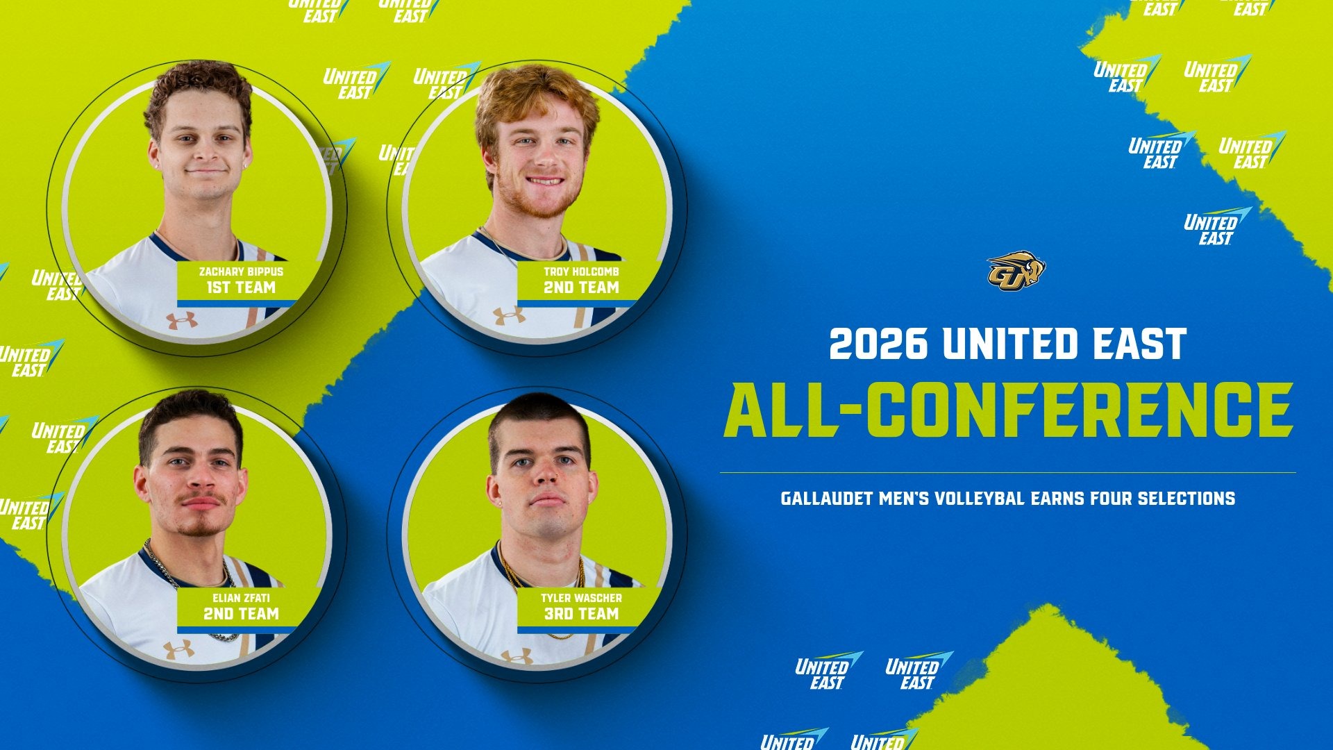 2026 Gallaudet University Men's Volleyball honorees that earned United East All-Conference Honors. Pictured left to right; top row - Zachary Bippus (First Team), Troy Holcomb (Second Team), bottom row - Elian Zfati (Second Team), Tyler Wascher (Third Team). 