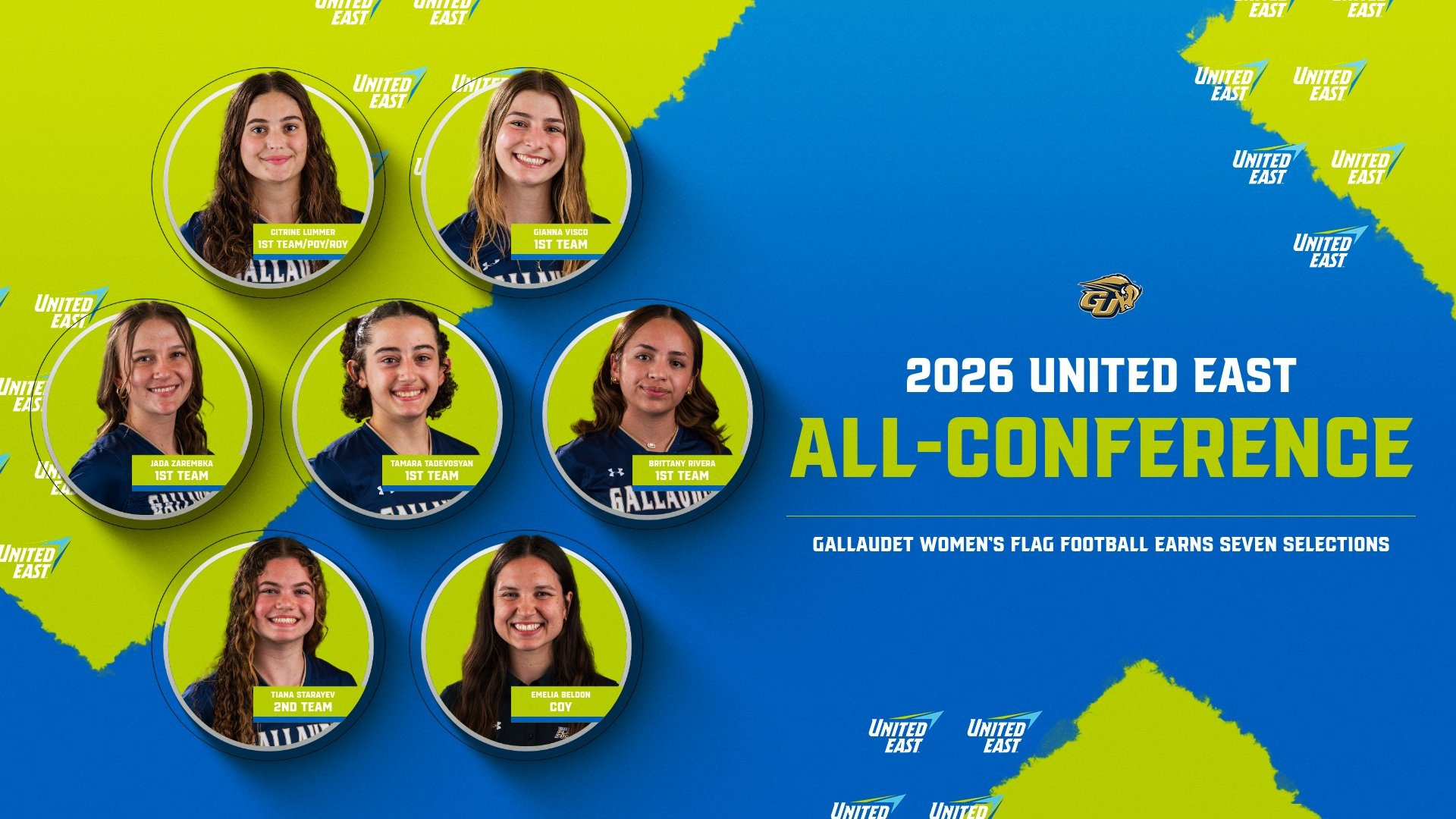 2026 Gallaudet University Women's Flag Football All-Conference graphic showing the headshots of the seven players or coach that were recognized. 
