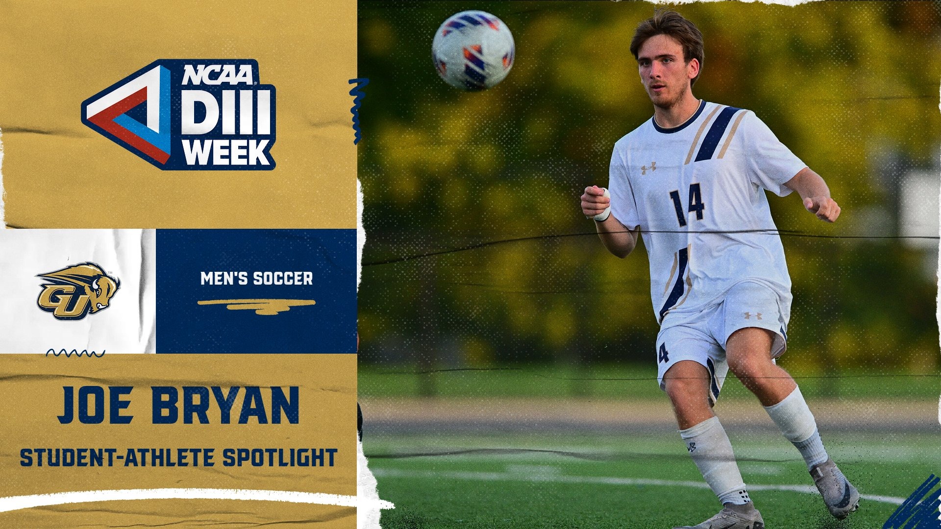 2026 NCAA Division III Week Graphic: This template shows an action photo of Bison student-athlete Joe Bryan (Men's Soccer) dribbles the soccer during home game at Hotchkiss Field. The photo is on the righthand side of the graphic. On the lefthand side there is a GU Bison logo and in white it says what sport - men's soccer. A NCAA Division III Week logo is in the upper lefthand corner.