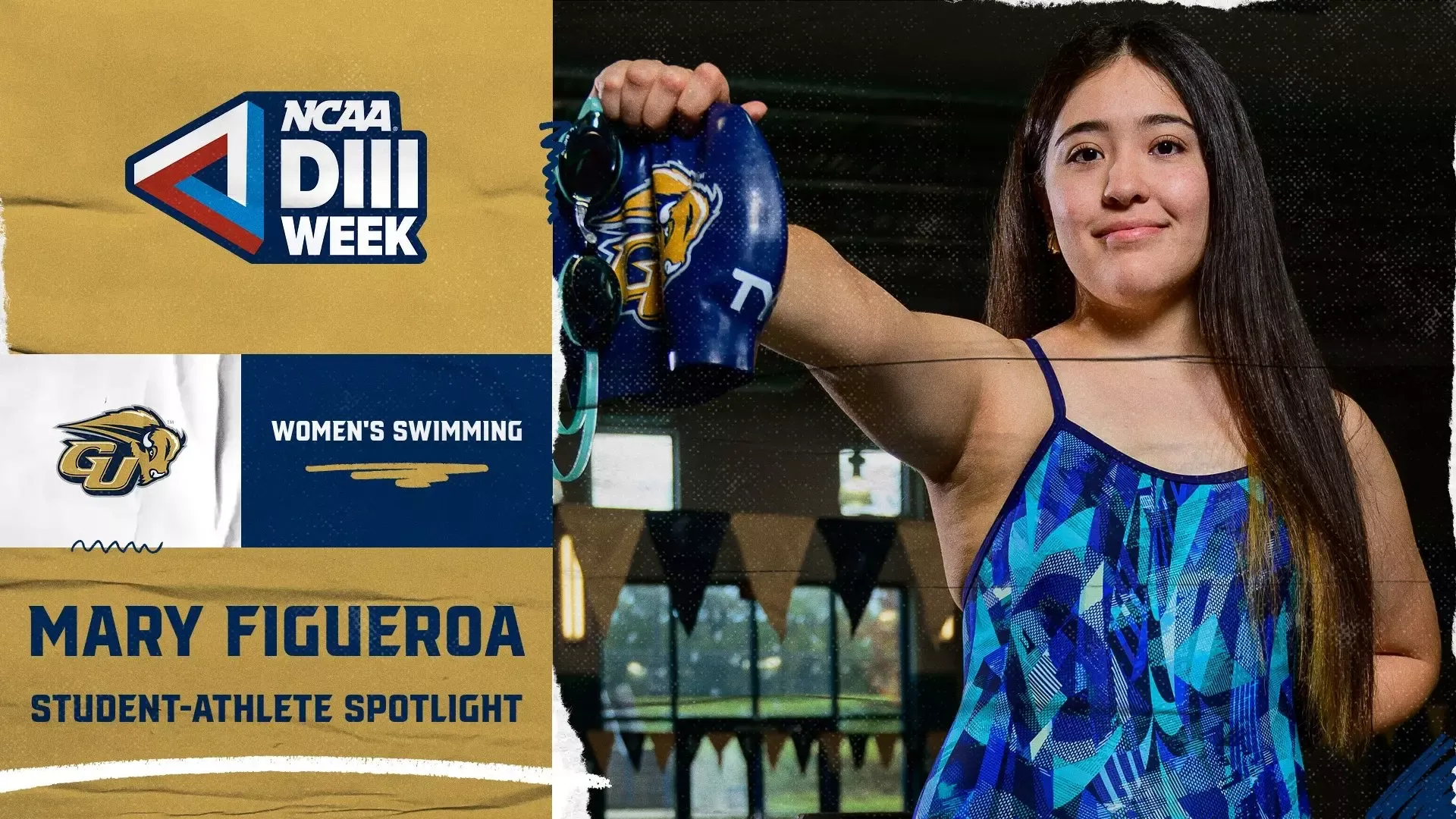 2026 NCAA Division III Week Graphic: This template shows an action photo of Bison student-athlete Mary Figueroa (women's swimming) holding up swim goggles and cap and looking serious at the camera.  The photo is on the righthand side of the graphic. On the lefthand side there is a GU Bison logo and in white it says what sport - women's swimming. A NCAA Division III Week logo is in the upper lefthand corner.