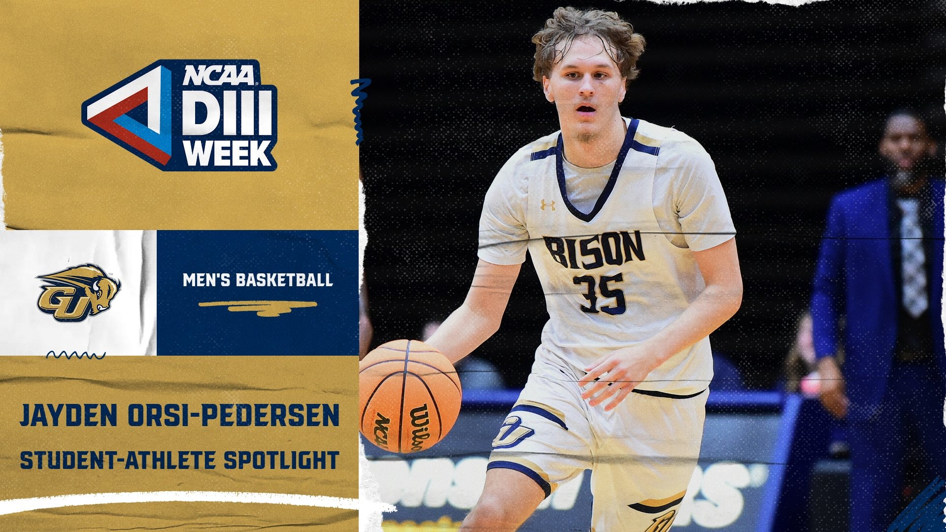 2026 NCAA Division III Week Graphic: This template shows an action photo of Bison student-athlete Jayden Orsi-Pedersen (Men's Basketball) is dribbling the ball during home game at Field House The photo is on the righthand side of the graphic. On the lefthand side there is a GU Bison logo and in white it says what sport - Men's Basketball. A NCAA Division III Week logo is in the upper lefthand corner.