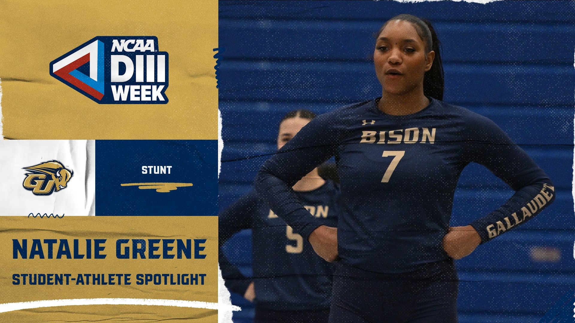 2026 NCAA Division III Week Graphic: This template shows an action photo of Bison student-athlete Natalie Greene (STUNT) doing the chant at STUNT competition. The photo is on the righthand side of the graphic. On the lefthand side there is a GU Bison logo and in white it says what sport - STUNT. A NCAA Division III Week logo is in the upper lefthand corner.
