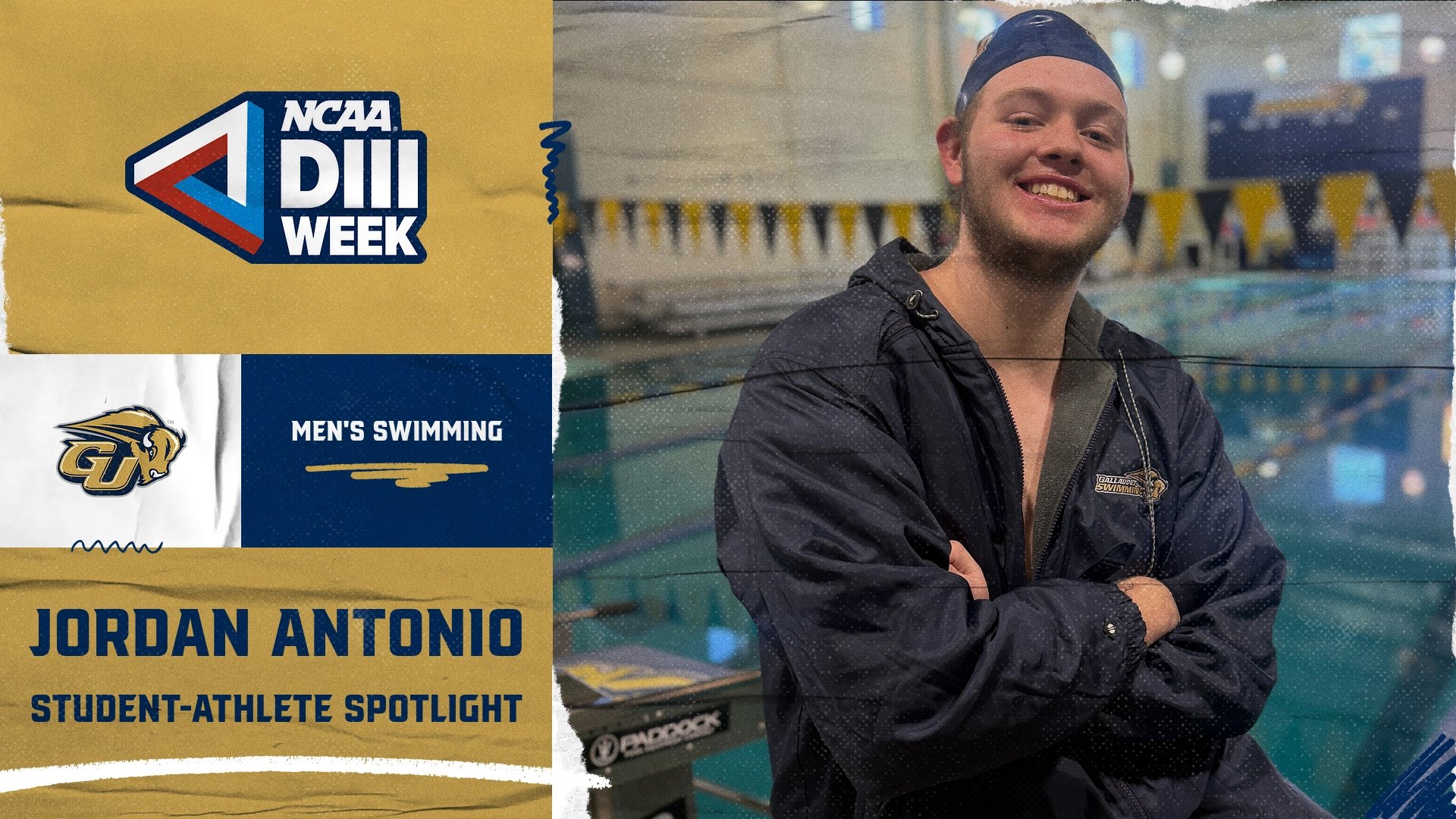 2026 NCAA Division III Week Graphic: This template shows an action photo of Bison student-athlete Jordan Antonio (men's swimming) smiling at camera and crossed his arms. The photo is on the righthand side of the graphic. On the lefthand side there is a GU Bison logo and in white it says what sport - men's swimming. A NCAA Division III Week logo is in the upper lefthand corner.