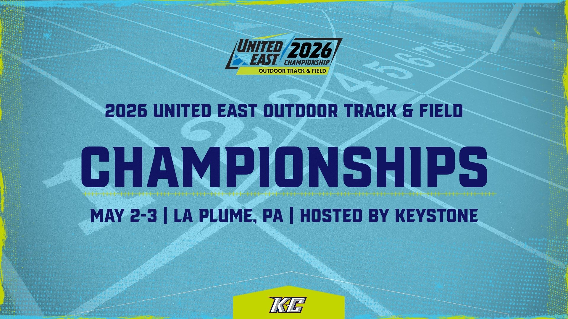 2026 United East Outdoor Track and Field Championships graphic. In navy blue text it reads the title along with May 2-3 in La Plume, Pa., hosted by Keystone College.