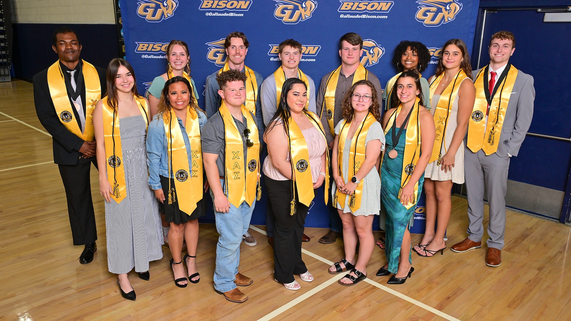 Gallaudet Chi Alpha Sigma graduating seniors gather for a group photo on May 5, 2026, at the GSPYs. 