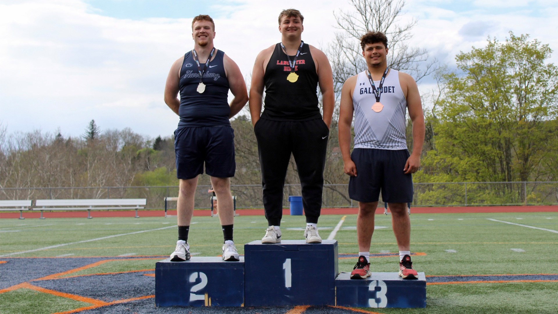 Men's track Andrew Suarez placed third in hammer as he stood javelin in 3rd at Keystone College during 2026 United East Outdoor Track & Field Championships